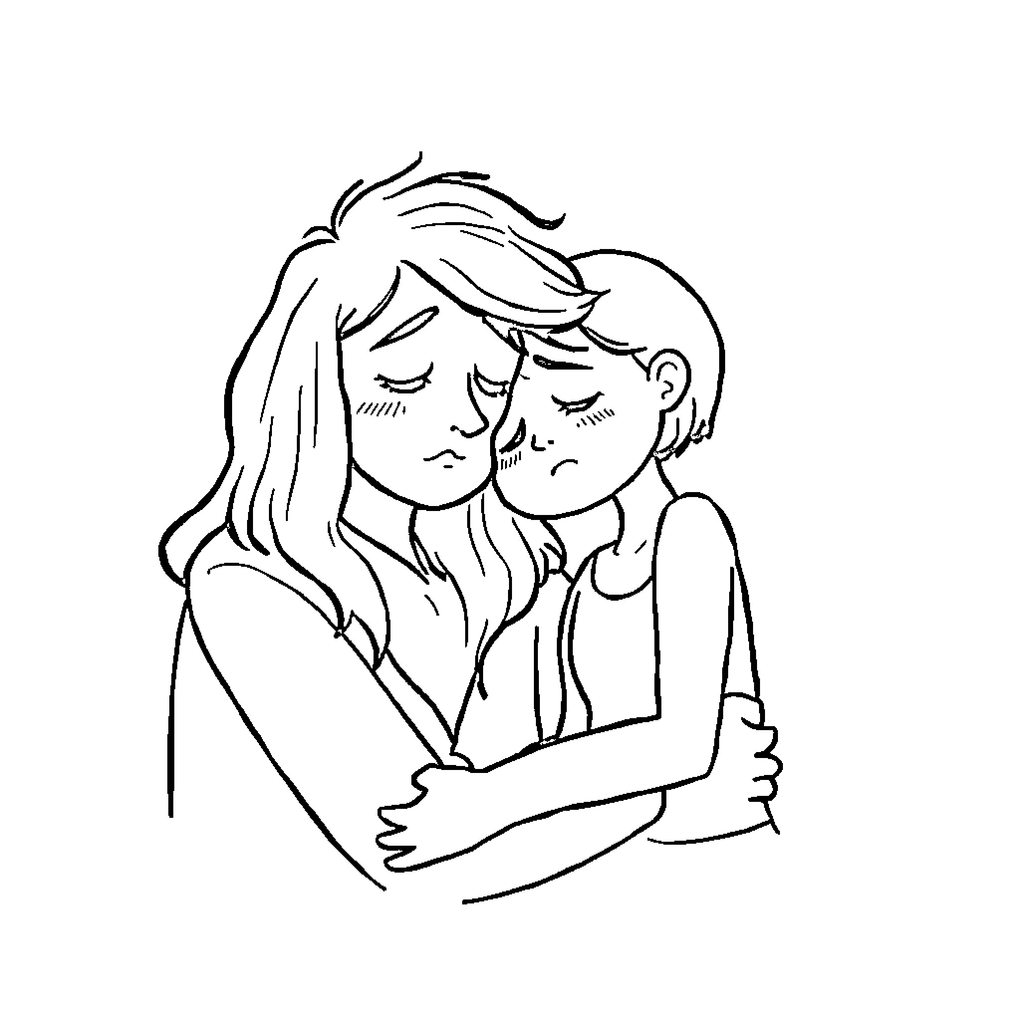 Friend's Comforting Embrace Coloring Page (free black-and-white line drawing printable PDF for all, from beginners to advanced learners, including children, teens, adults, and seniors)