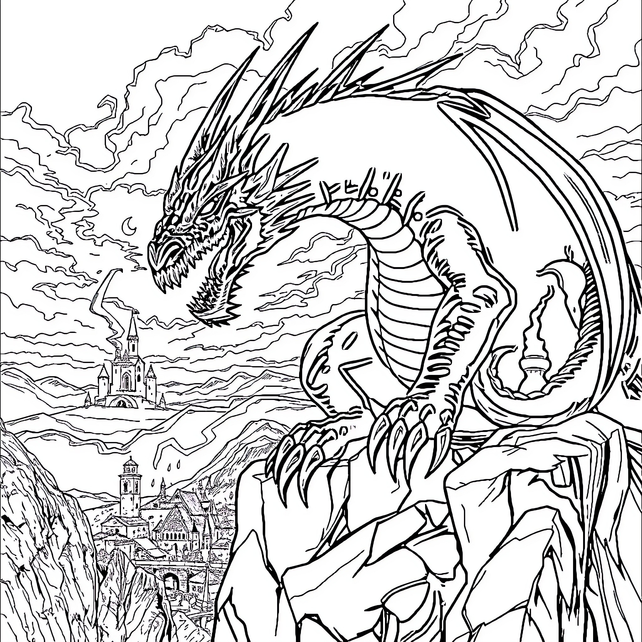 Dragon guarding ancient castle in stormy skies Coloring Page (free black-and-white line drawing printable PDF for all, from beginners to advanced learners, including children, teens, adults, and seniors)