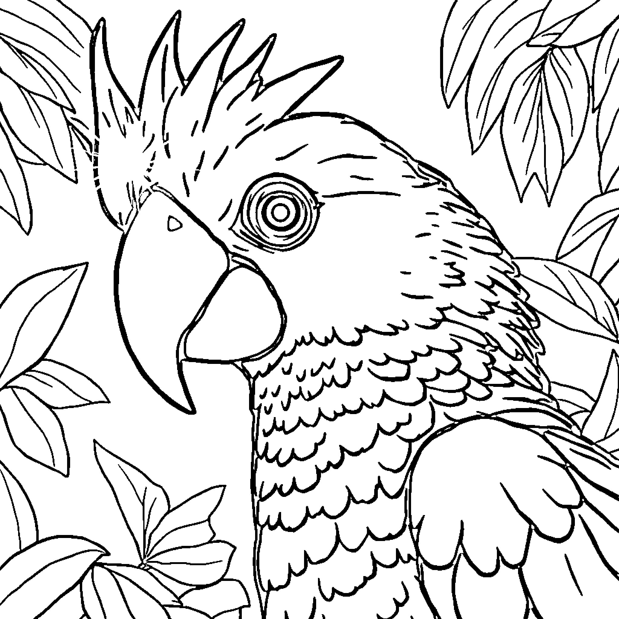 Guacamayo parrot in a lush tropical environment Coloring Page (free black-and-white line drawing printable PDF for all, from beginners to advanced learners, including children, teens, adults, and seniors)