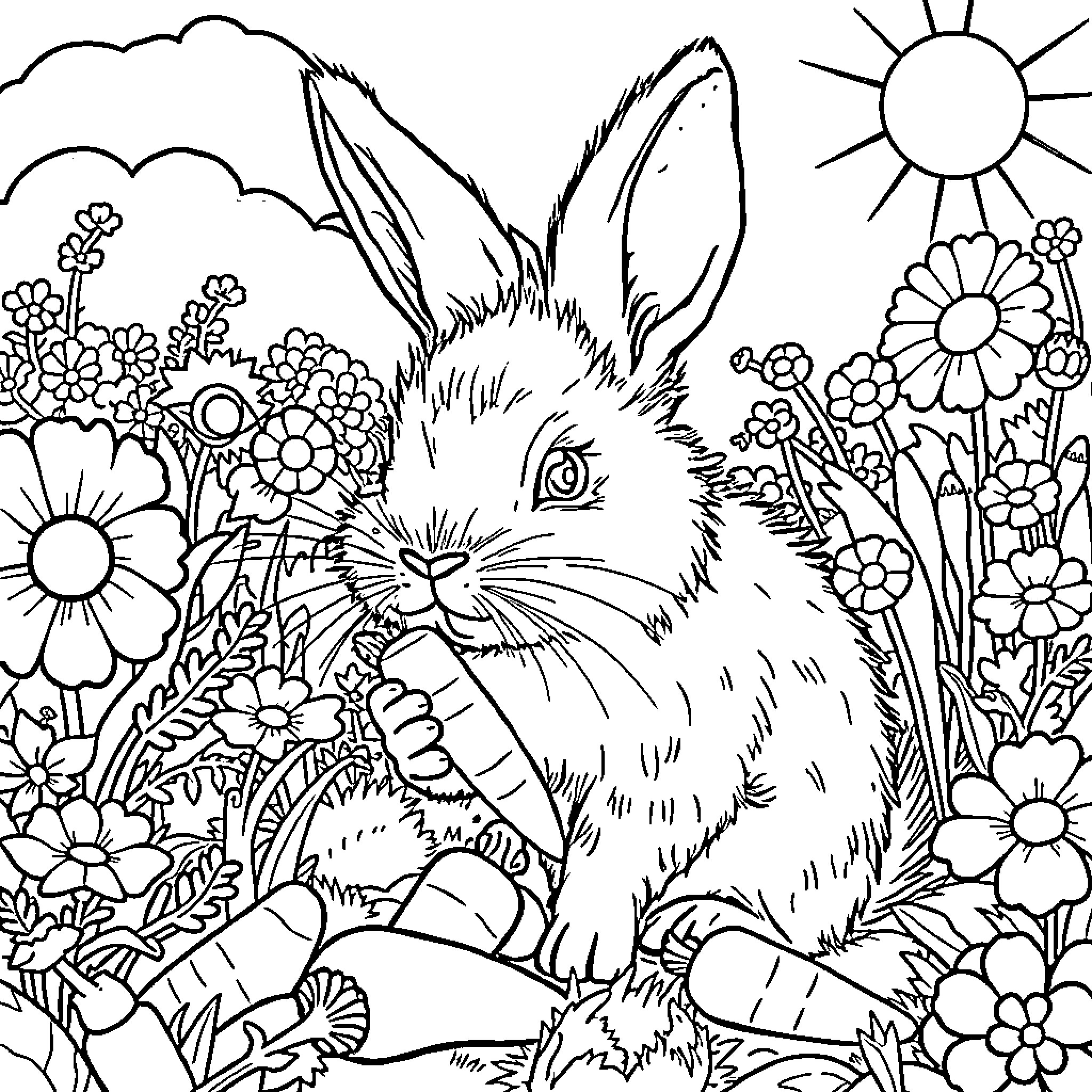 Bunny exploring a floral garden scene Coloring Page (free black-and-white line drawing printable PDF for all, from beginners to advanced learners, including children, teens, adults, and seniors)