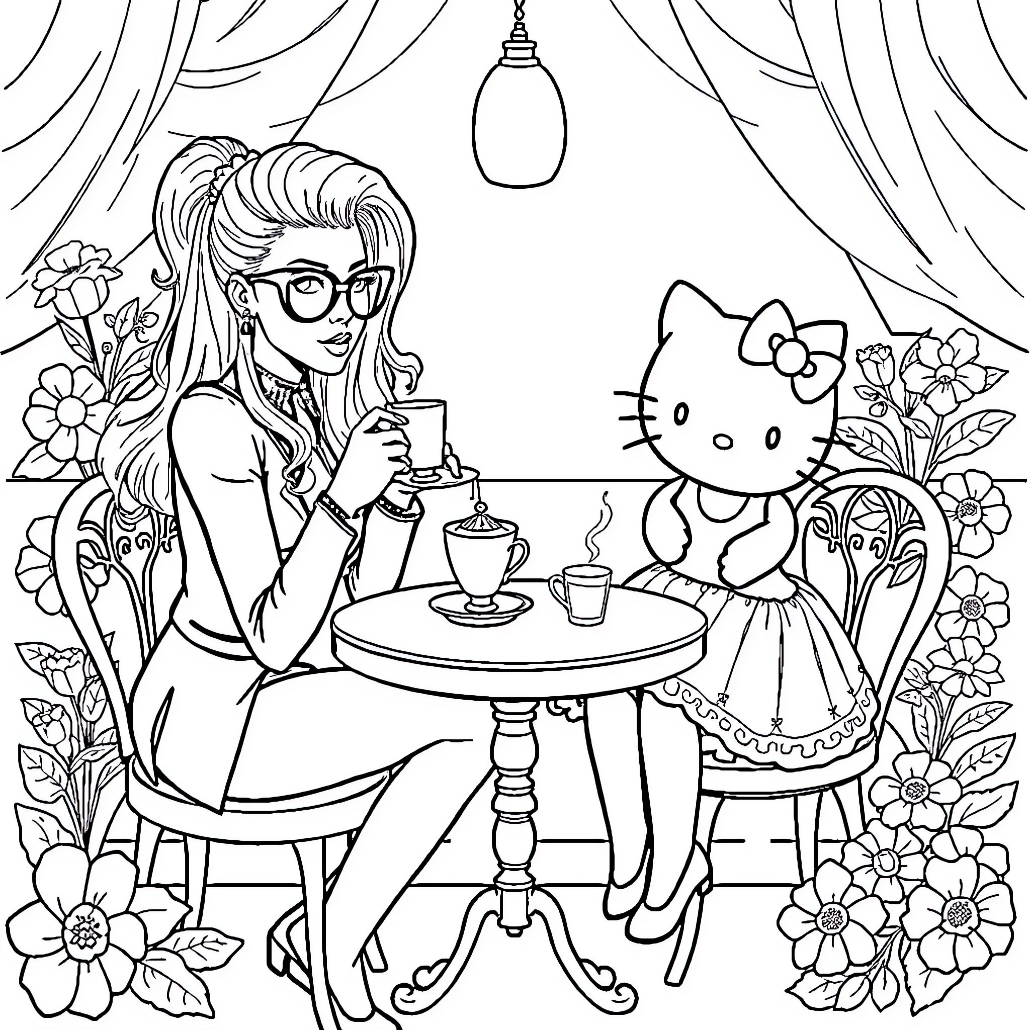 Lady Gaga enjoying tea time with Hello Kitty Coloring Page (free black-and-white line drawing printable PDF for all, from beginners to advanced learners, including children, teens, adults, and seniors)