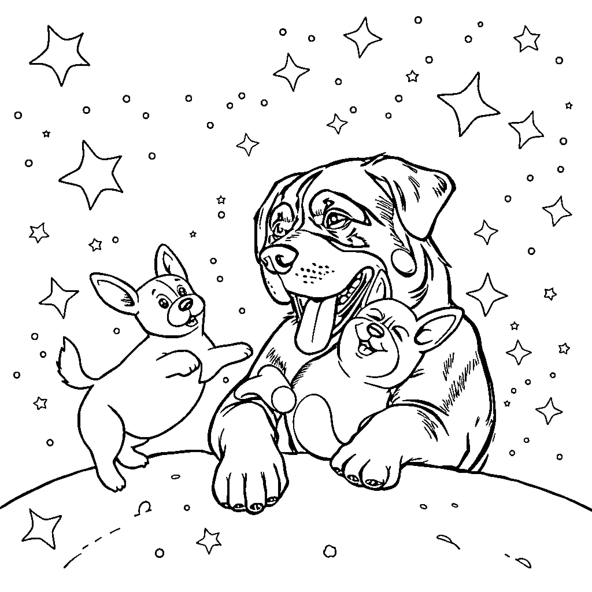Rottweiler playing with adorable puppies under the stars Coloring Page (free black-and-white line drawing printable PDF for all, from beginners to advanced learners, including children, teens, adults, and seniors)