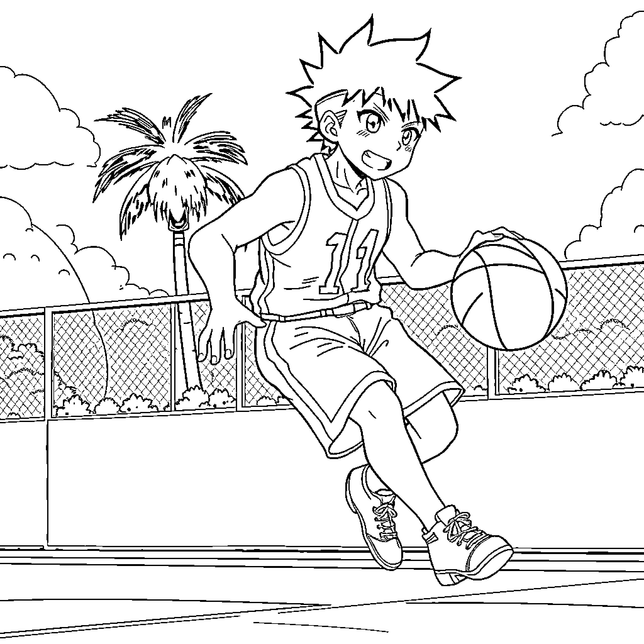 Tanjiro playing basketball on the court Coloring Page (free black-and-white line drawing printable PDF for all, from beginners to advanced learners, including children, teens, adults, and seniors)