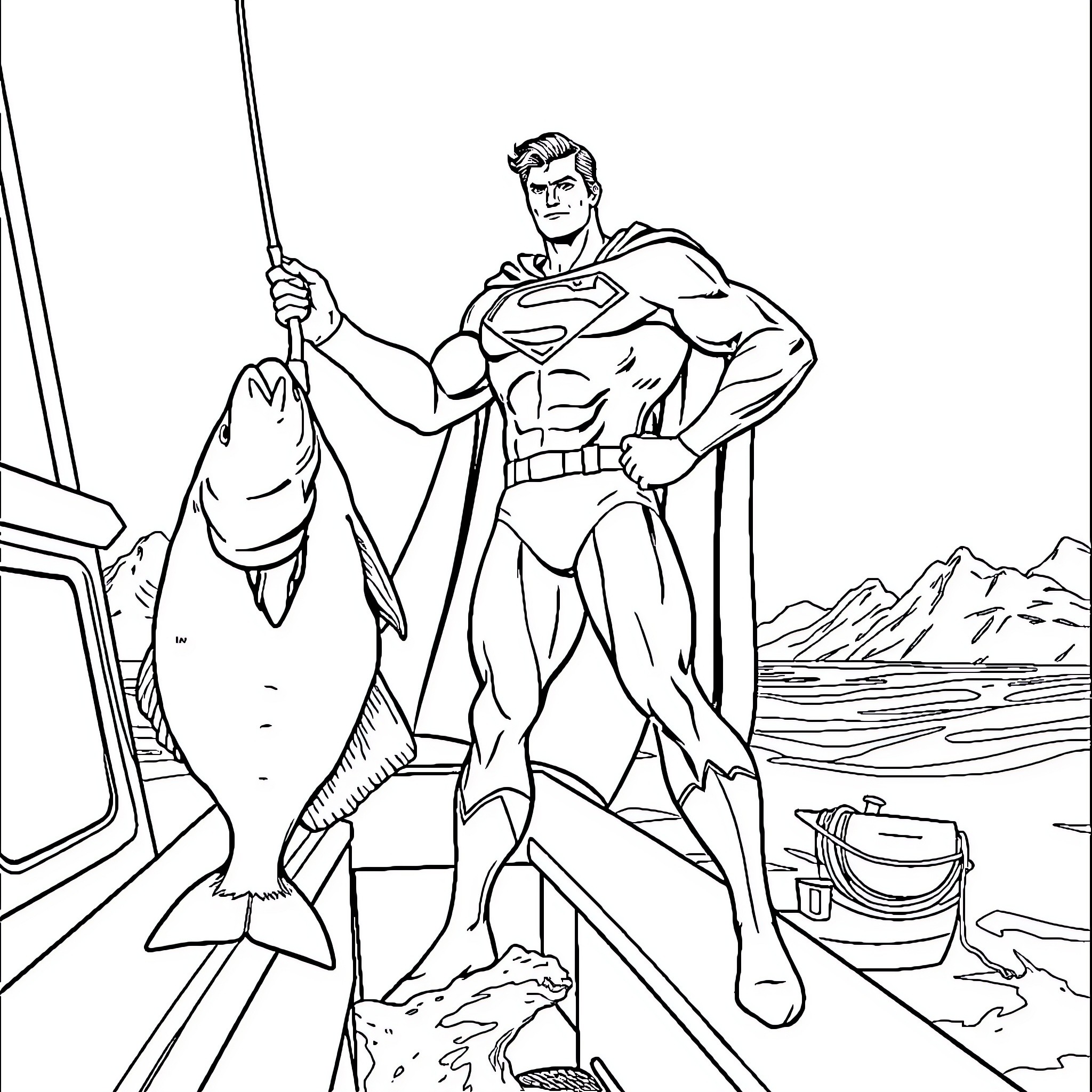 Superman fishing in the mountains Coloring Page (free black-and-white line drawing printable PDF for all, from beginners to advanced learners, including children, teens, adults, and seniors)