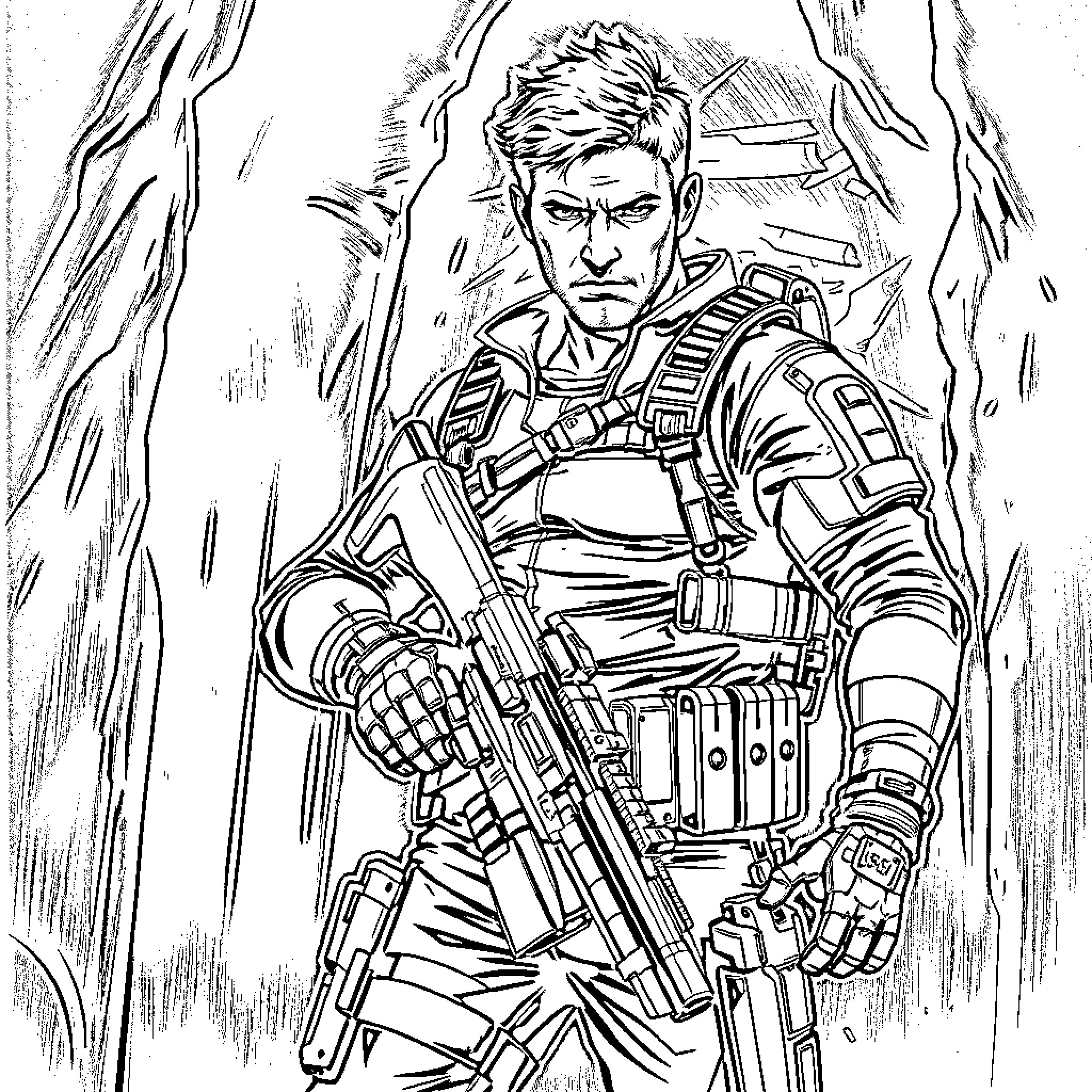 Chris Redfield in intense combat gear Coloring Page (free black-and-white line drawing printable PDF for all, from beginners to advanced learners, including children, teens, adults, and seniors)
