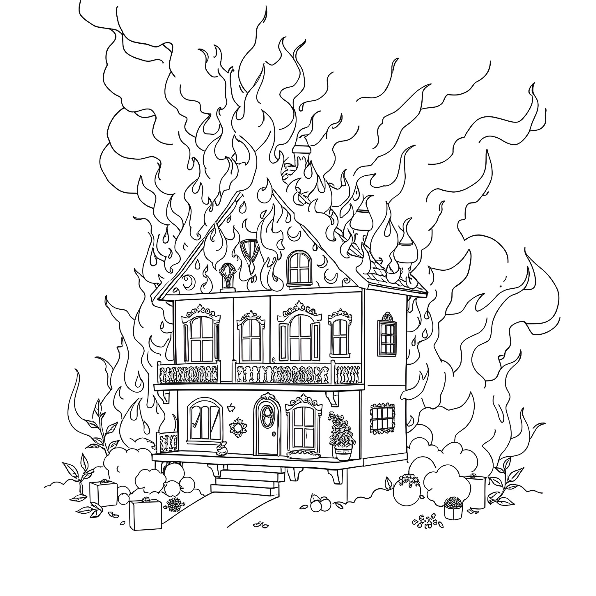 Gabby Dollhouse in flames and destruction Coloring Page (free black-and-white line drawing printable PDF for all, from beginners to advanced learners, including children, teens, adults, and seniors)