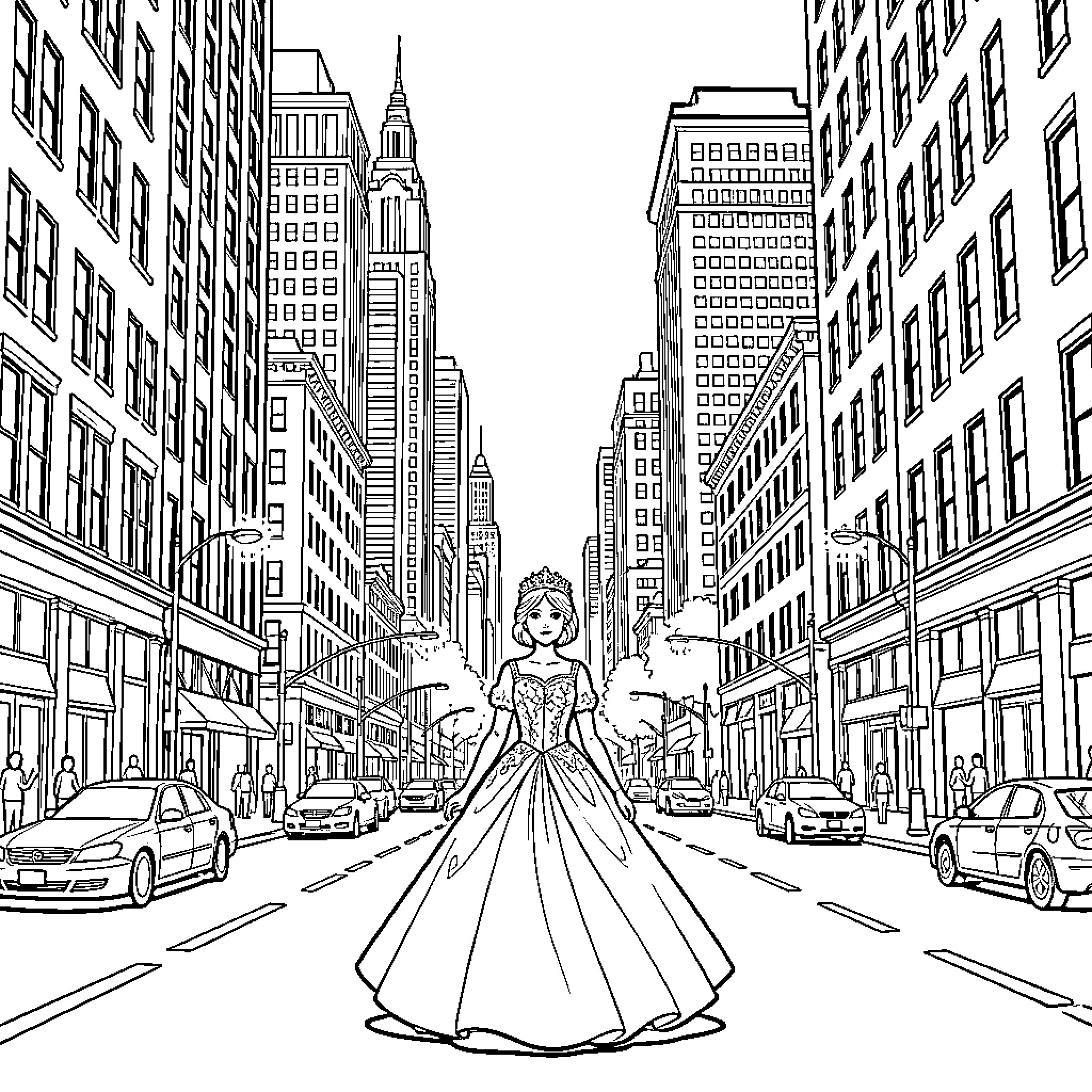 Princess wearing a ballgown standing in a city street Coloring Page (free black-and-white line drawing printable PDF for all, from beginners to advanced learners, including children, teens, adults, and seniors)