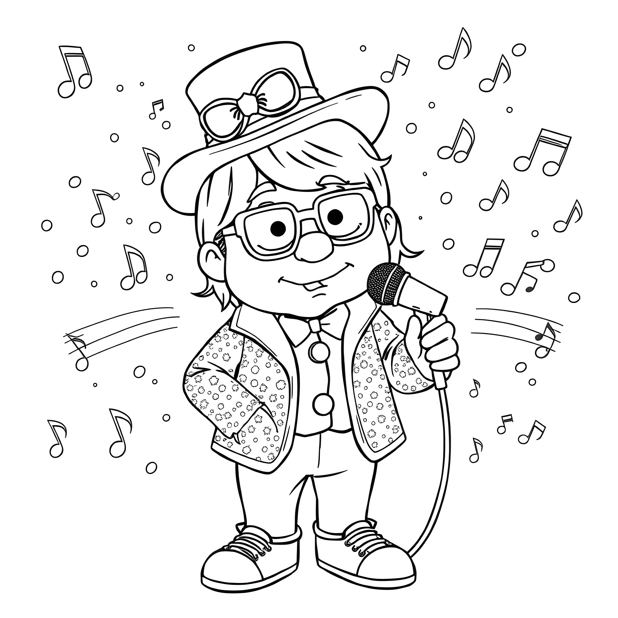 Ralph Wiggum performing on stage with music notes Coloring Page (free black-and-white line drawing printable PDF for all, from beginners to advanced learners, including children, teens, adults, and seniors)
