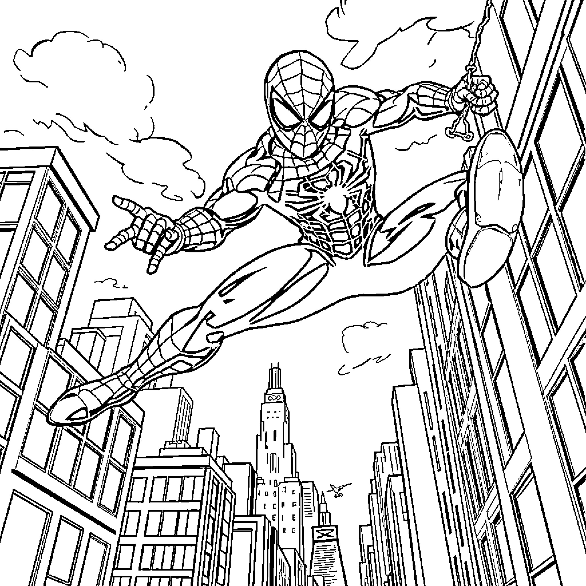Spiderman swinging through the city skyline Coloring Page (free black-and-white line drawing printable PDF for all, from beginners to advanced learners, including children, teens, adults, and seniors)