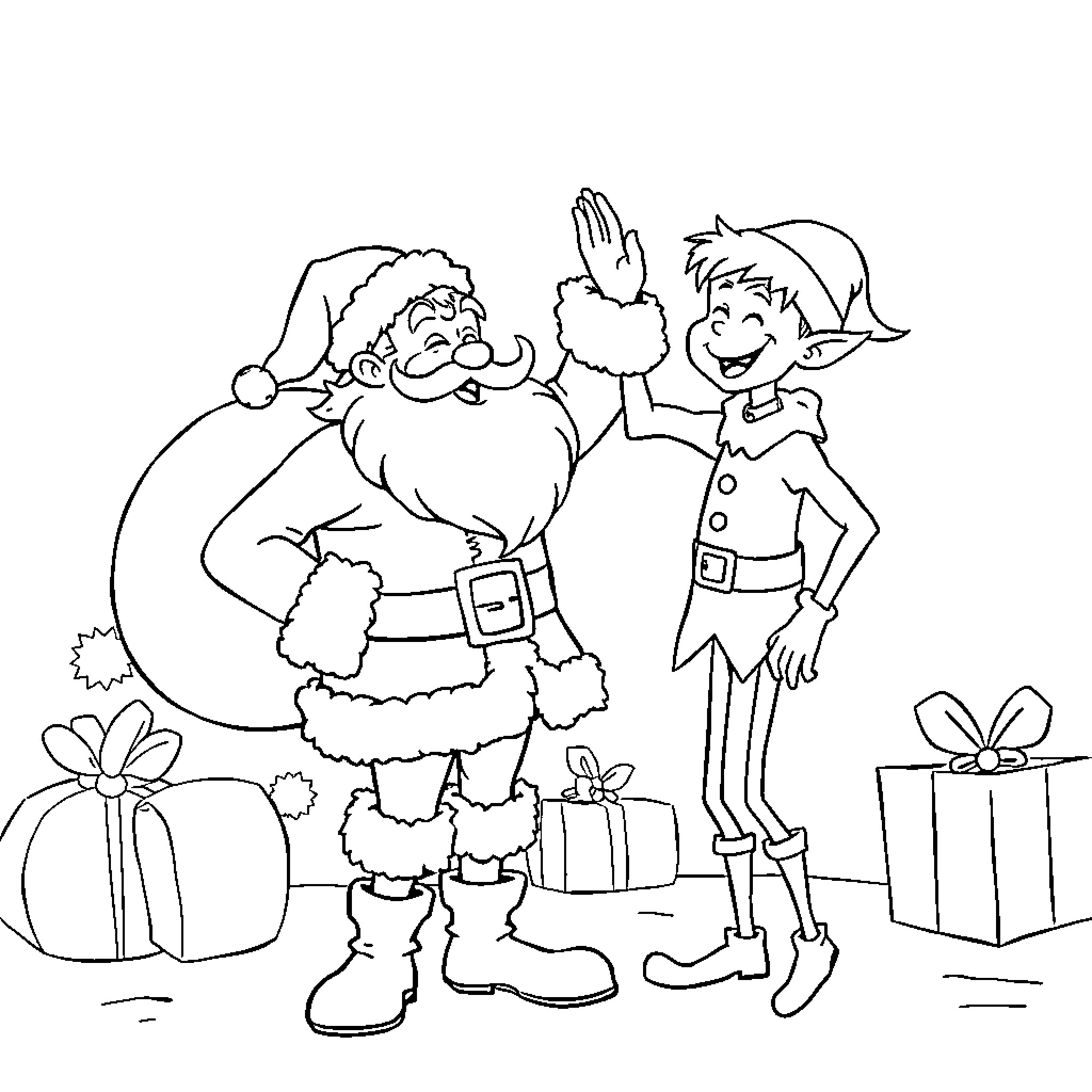 Santa and Elf Celebrate Christmas Together Coloring Page (free black-and-white line drawing printable PDF for all, from beginners to advanced learners, including children, teens, adults, and seniors)