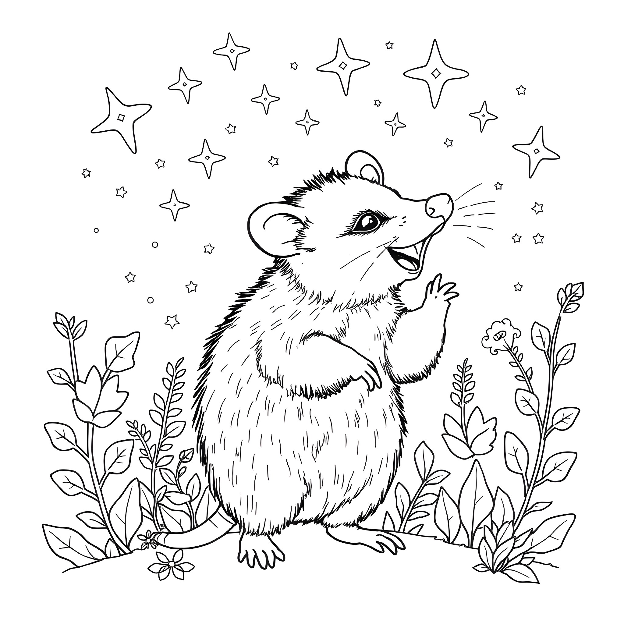 Possum in a Starry Forest Coloring Page (free black-and-white line drawing printable PDF for all, from beginners to advanced learners, including children, teens, adults, and seniors)