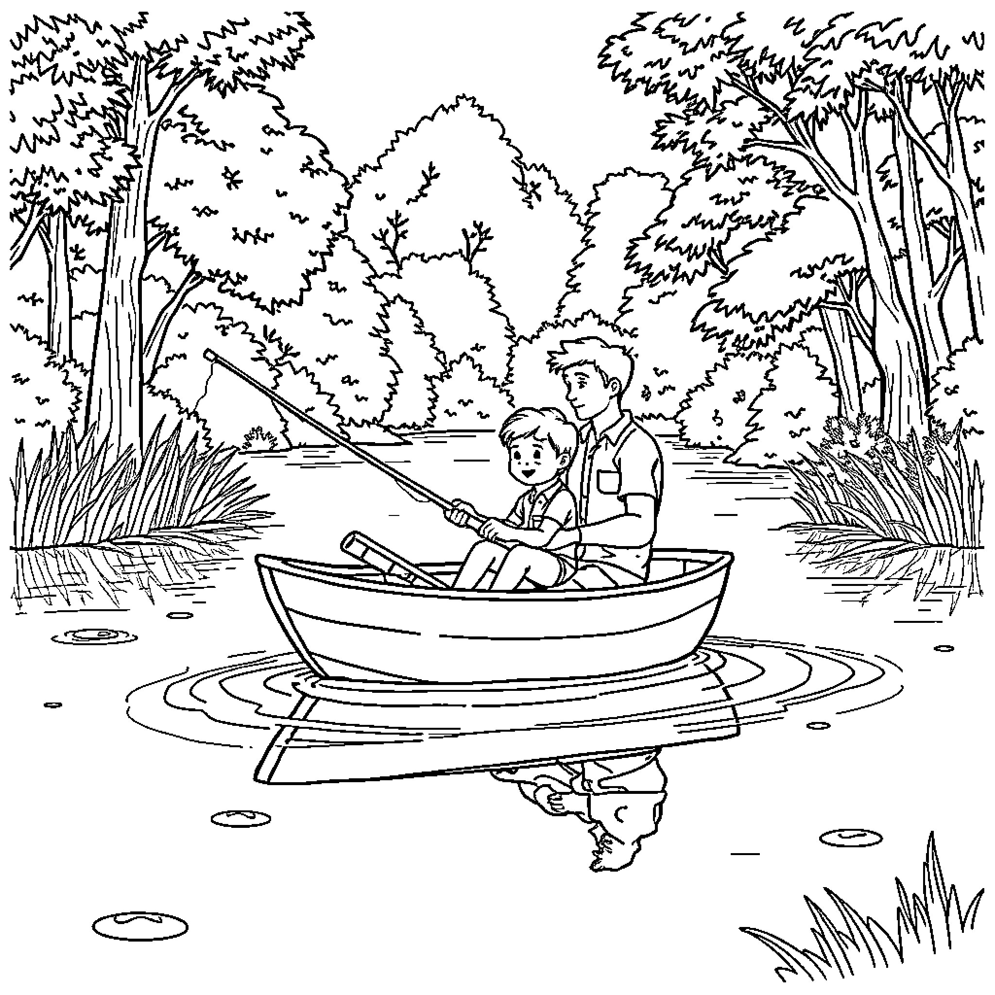 Fishing trip in serene forest landscape Coloring Page (free black-and-white line drawing printable PDF for all, from beginners to advanced learners, including children, teens, adults, and seniors)