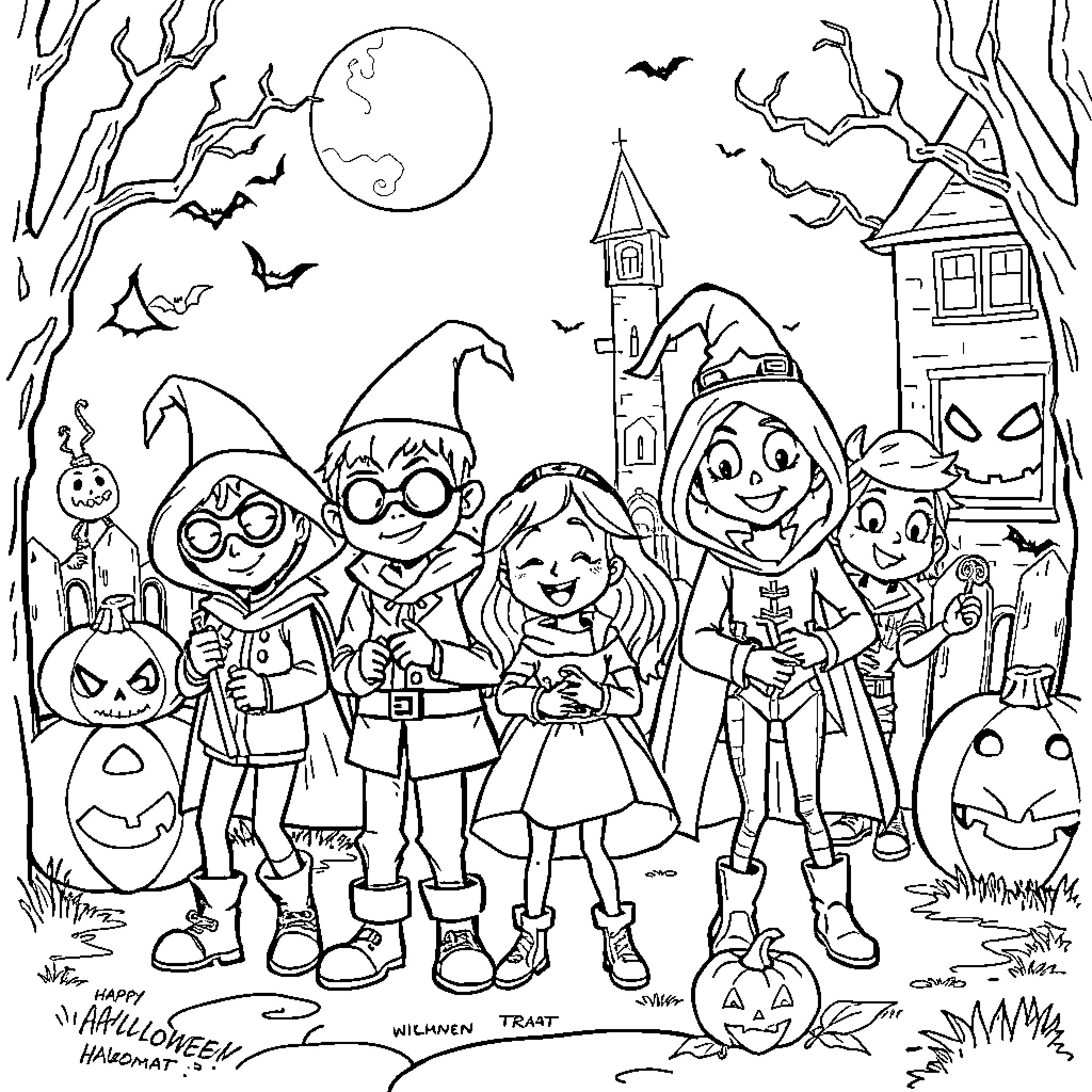 Spy X Family in a Spooky Halloween Scene Coloring Page (free black-and-white line drawing printable PDF for all, from beginners to advanced learners, including children, teens, adults, and seniors)