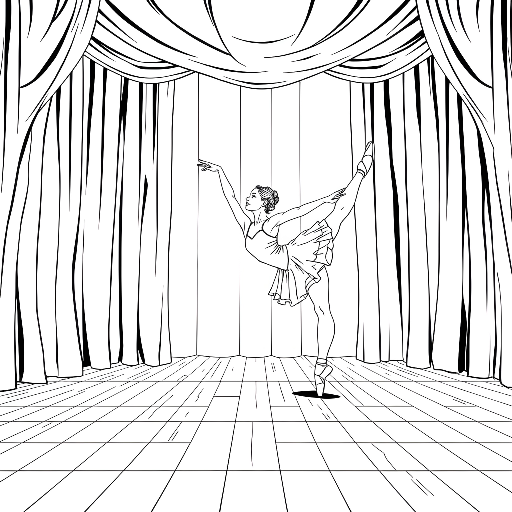 Ballerina performing on stage with curtains Coloring Page (free black-and-white line drawing printable PDF for all, from beginners to advanced learners, including children, teens, adults, and seniors)