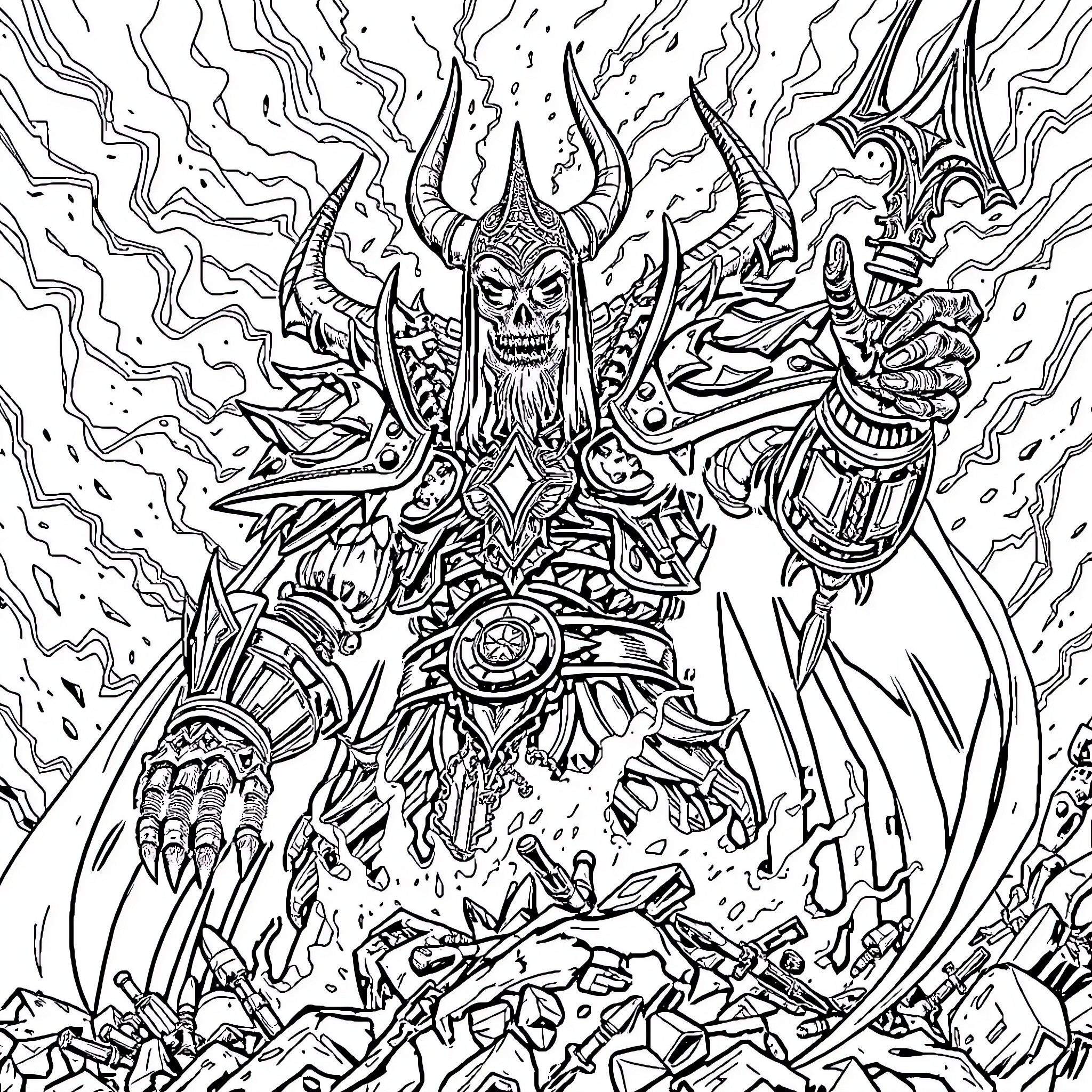 Abaddon the Destroyer's Chaotic Onslaught Coloring Page (free black-and-white line drawing printable PDF for all, from beginners to advanced learners, including children, teens, adults, and seniors)