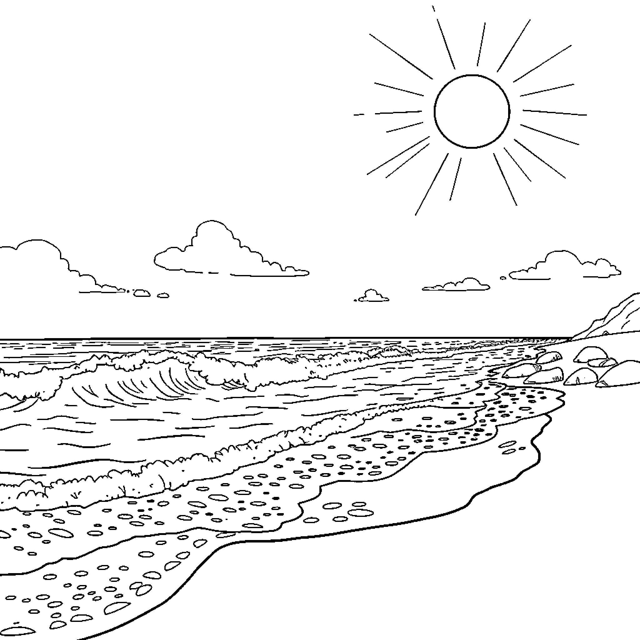 Beach scene with sun, clouds, and waves Coloring Page (free black-and-white line drawing printable PDF for all, from beginners to advanced learners, including children, teens, adults, and seniors)