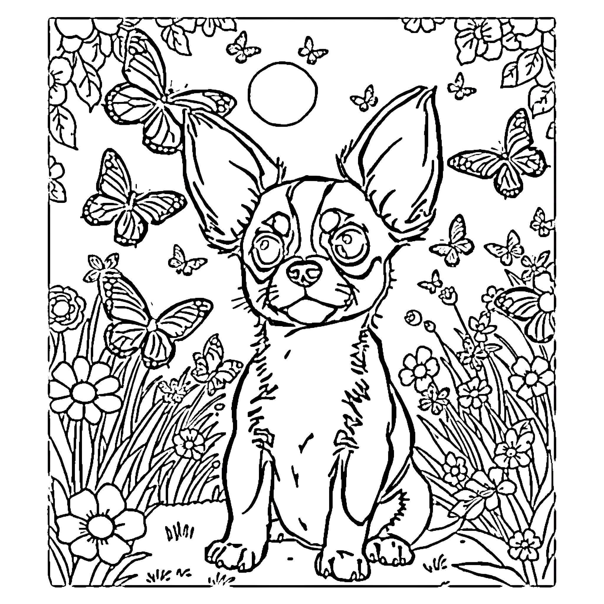 Papillon in a Whimsical Garden Coloring Page (free black-and-white line drawing printable PDF for all, from beginners to advanced learners, including children, teens, adults, and seniors)