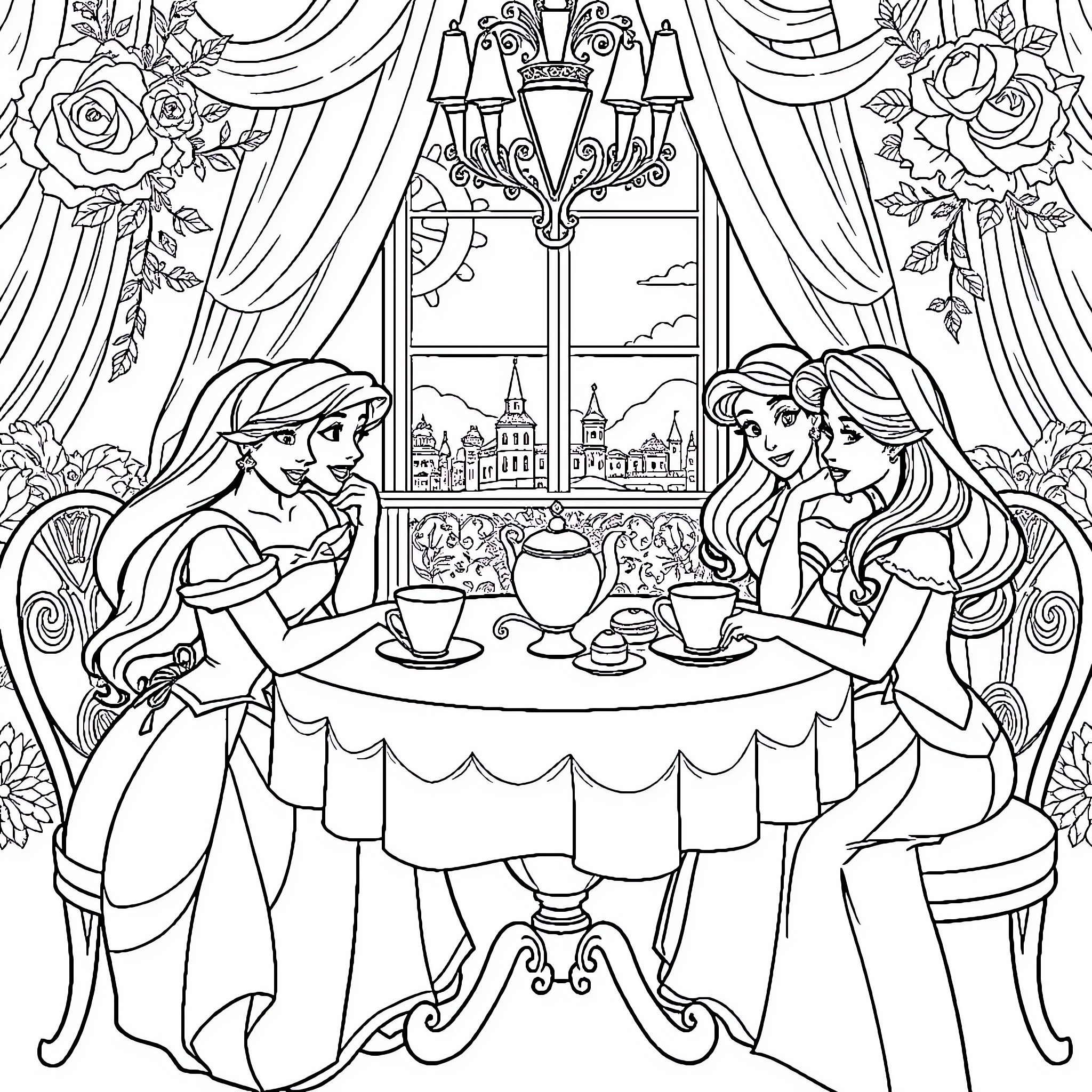 Princess Enjoying Tea Time with Friends Coloring Page (free black-and-white line drawing printable PDF for all, from beginners to advanced learners, including children, teens, adults, and seniors)