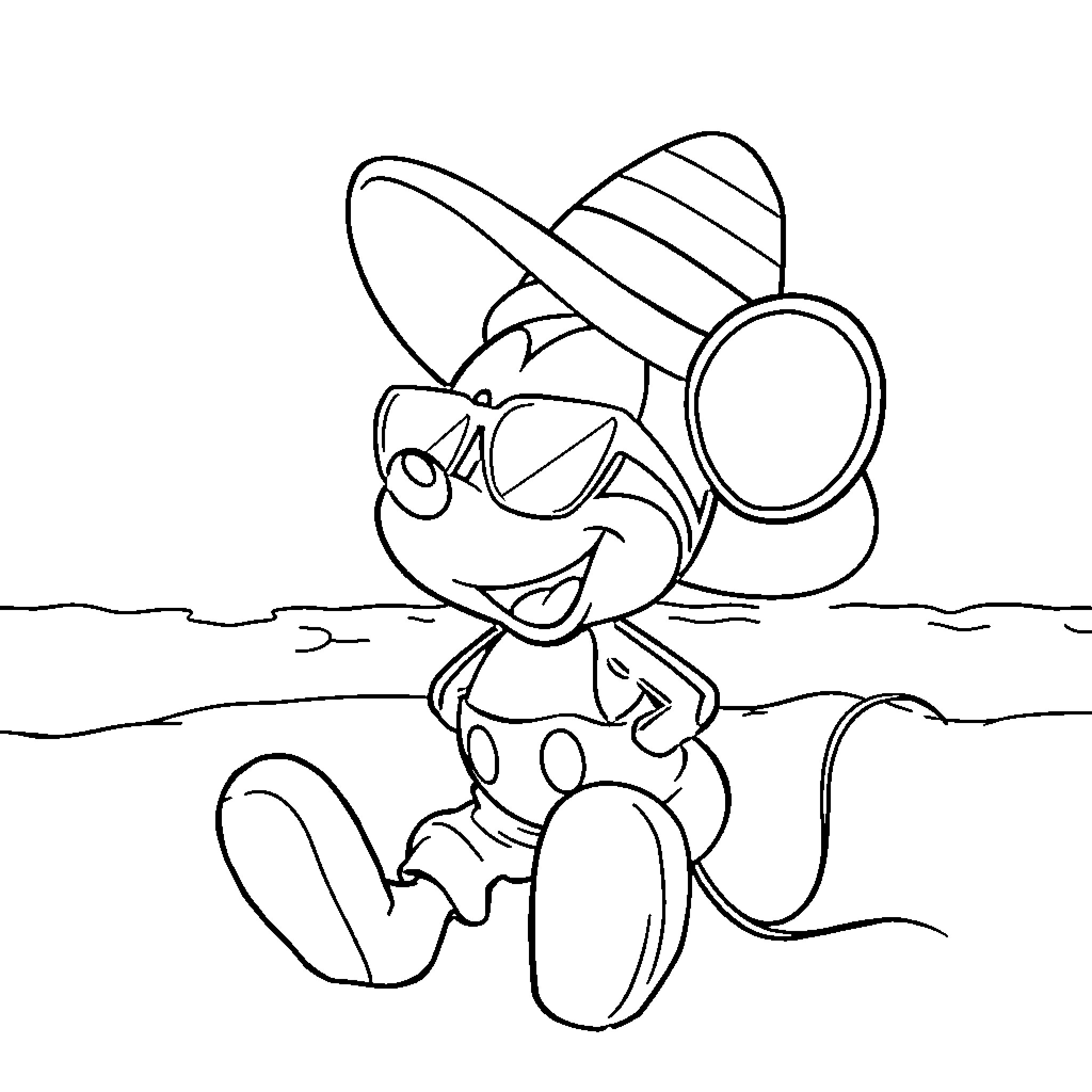 Mickey Mouse on a Beach Adventure Coloring Page (free black-and-white line drawing printable PDF for all, from beginners to advanced learners, including children, teens, adults, and seniors)