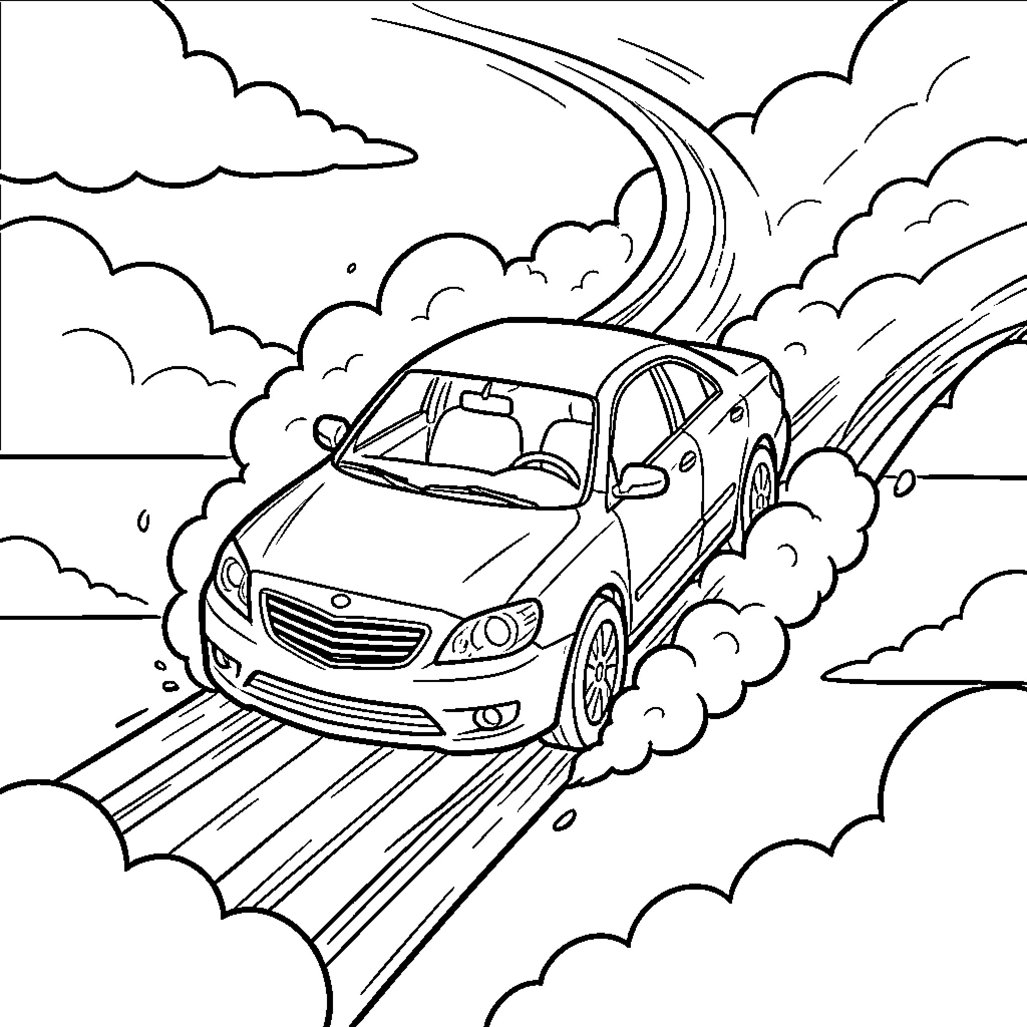 Car speeding through stormy clouds on winding road Coloring Page (free black-and-white line drawing printable PDF for all, from beginners to advanced learners, including children, teens, adults, and seniors)