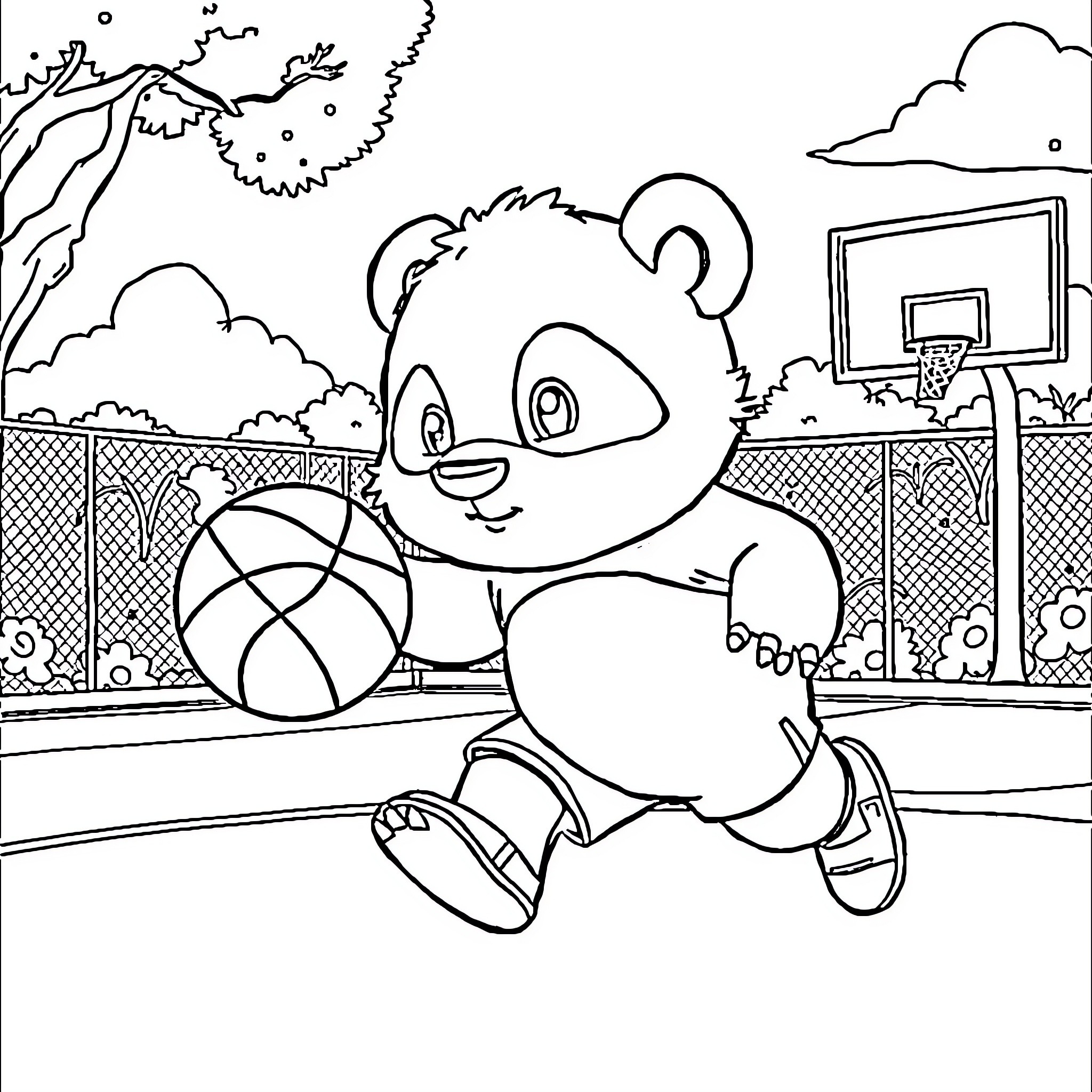 Panda playing with basketball on the court Coloring Page (free black-and-white line drawing printable PDF for all, from beginners to advanced learners, including children, teens, adults, and seniors)