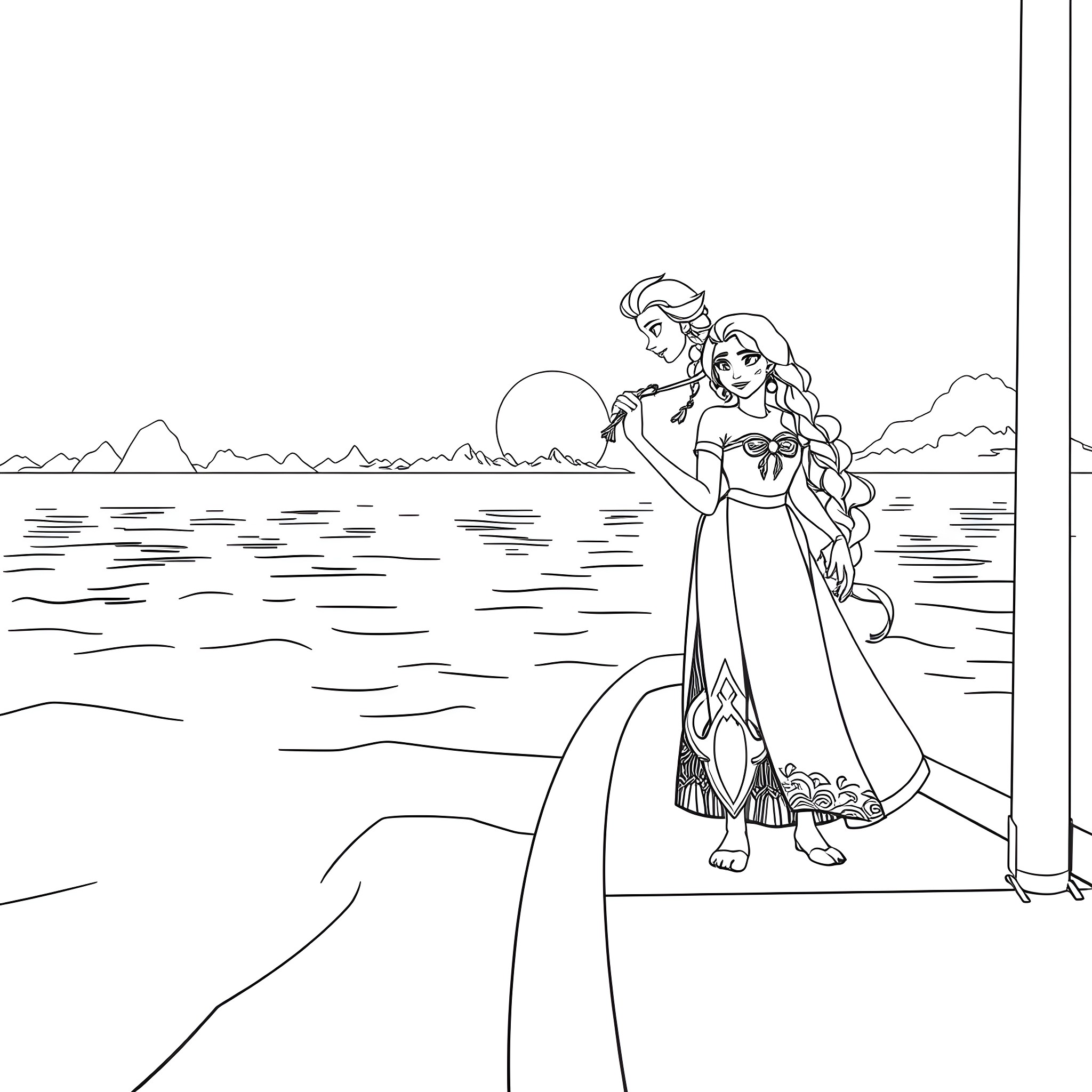 Elsa and Kristoff admiring the view Coloring Page (free black-and-white line drawing printable PDF for all, from beginners to advanced learners, including children, teens, adults, and seniors)