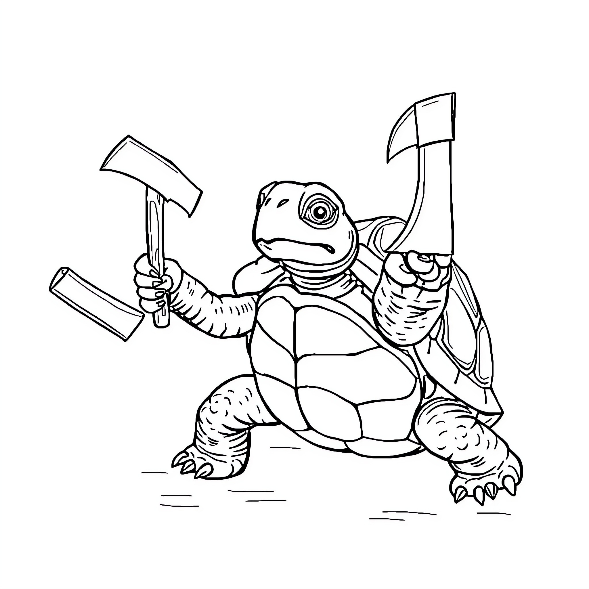 Turtle wielding tools in action Coloring Page (free black-and-white line drawing printable PDF for all, from beginners to advanced learners, including children, teens, adults, and seniors)