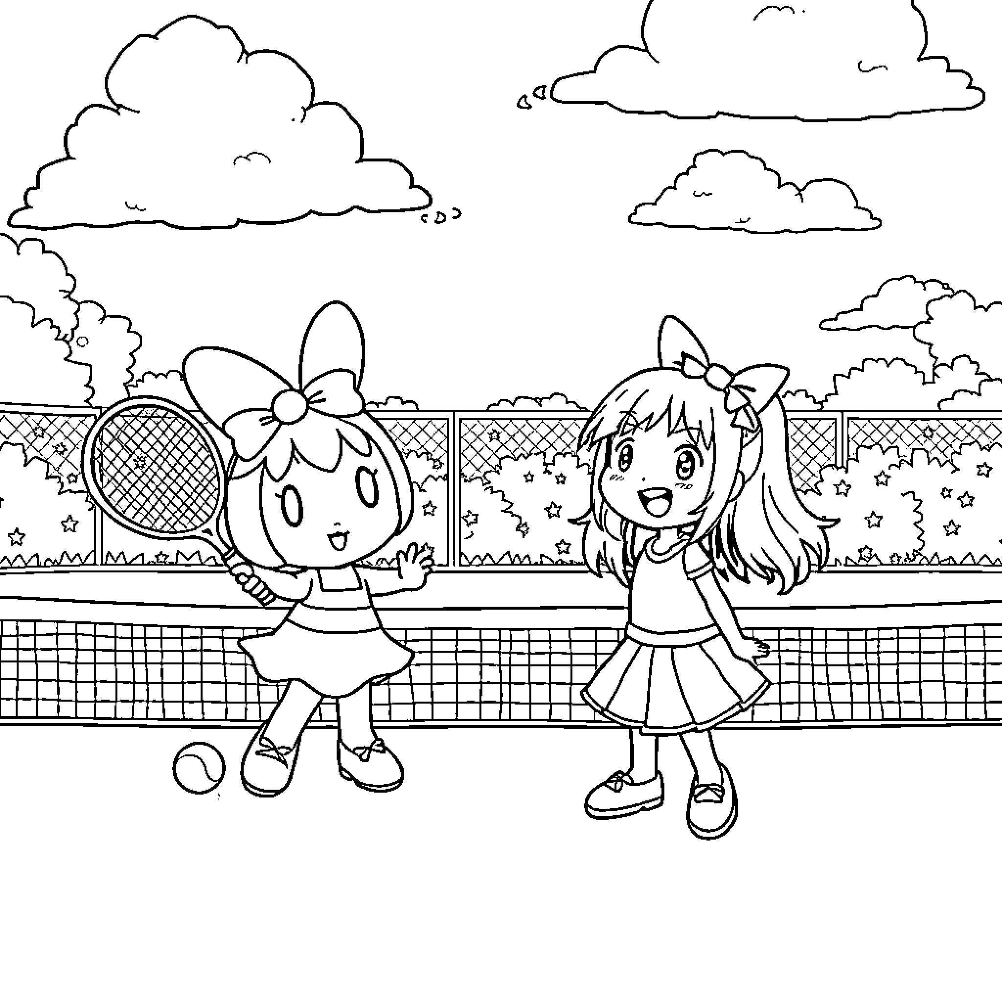 My Melody: Two Cheerful Girls Playing Tennis on the Court Coloring Page (free black-and-white line drawing printable PDF for all, from beginners to advanced learners, including children, teens, adults, and seniors)