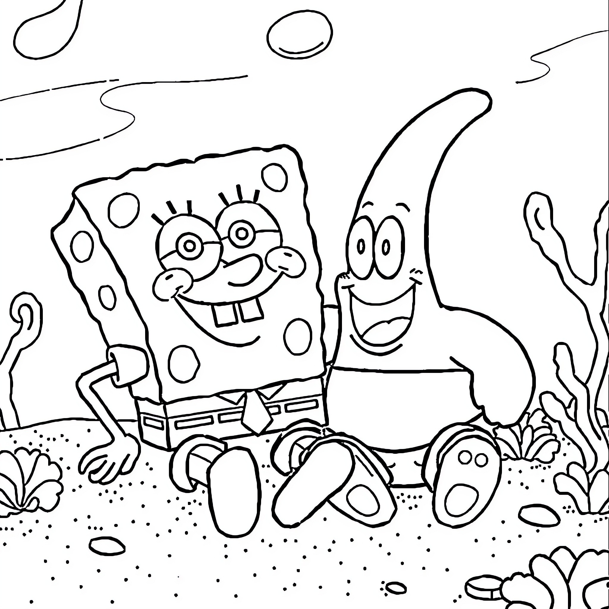 Spongebob and Patrick in an underwater adventure Coloring Page (free black-and-white line drawing printable PDF for all, from beginners to advanced learners, including children, teens, adults, and seniors)