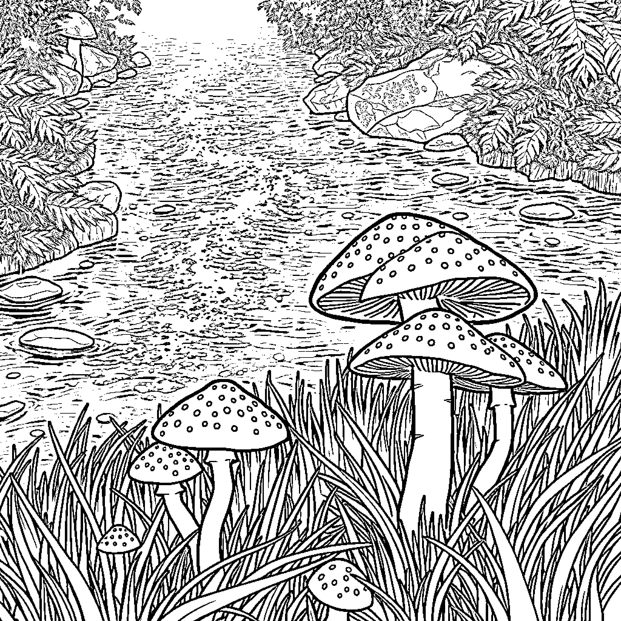 Psilocybe mushrooms in a serene forest landscape Coloring Page (free black-and-white line drawing printable PDF for all, from beginners to advanced learners, including children, teens, adults, and seniors)