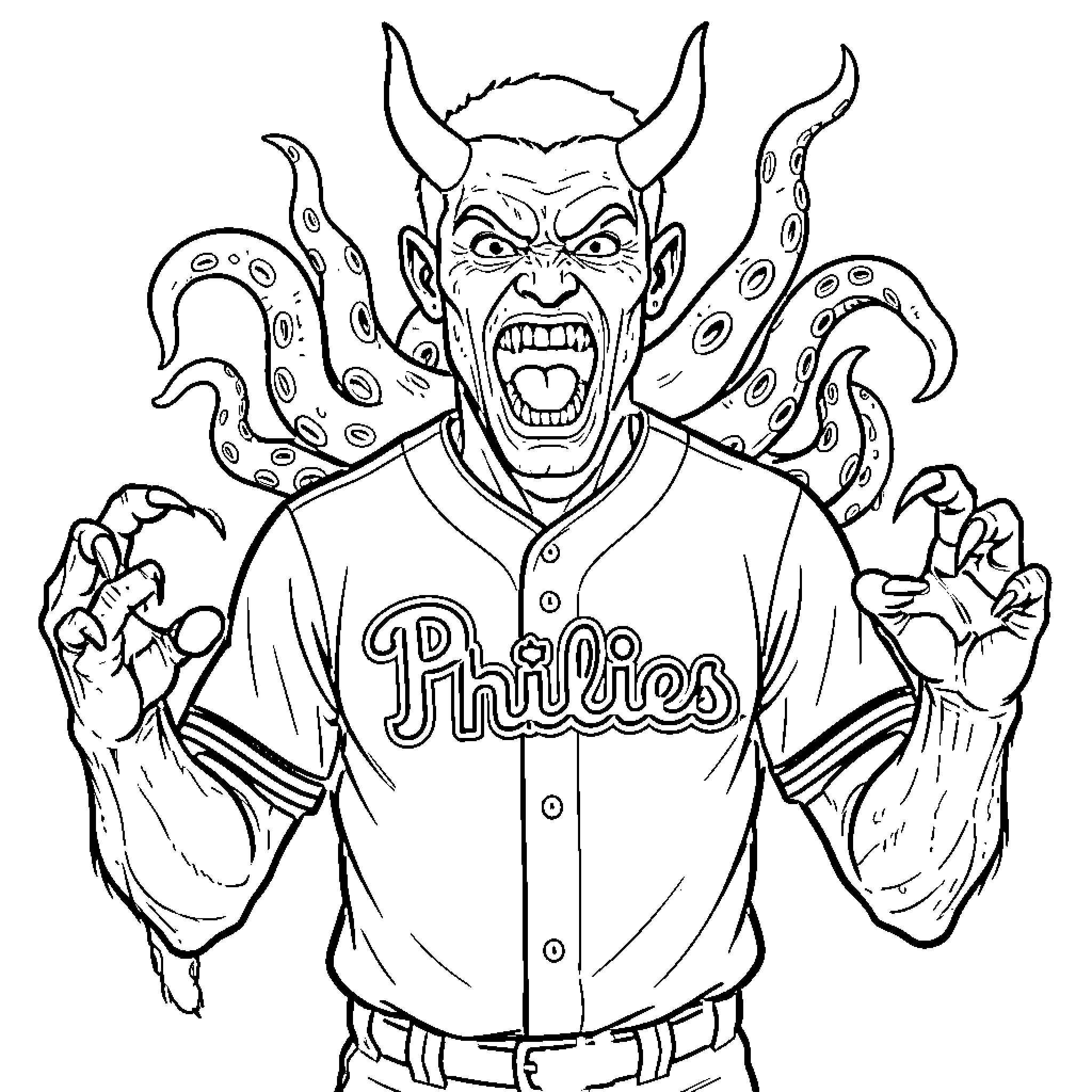 Demon wearing a baseball jersey screaming with tentacles Coloring Page (free black-and-white line drawing printable PDF for all, from beginners to advanced learners, including children, teens, adults, and seniors)