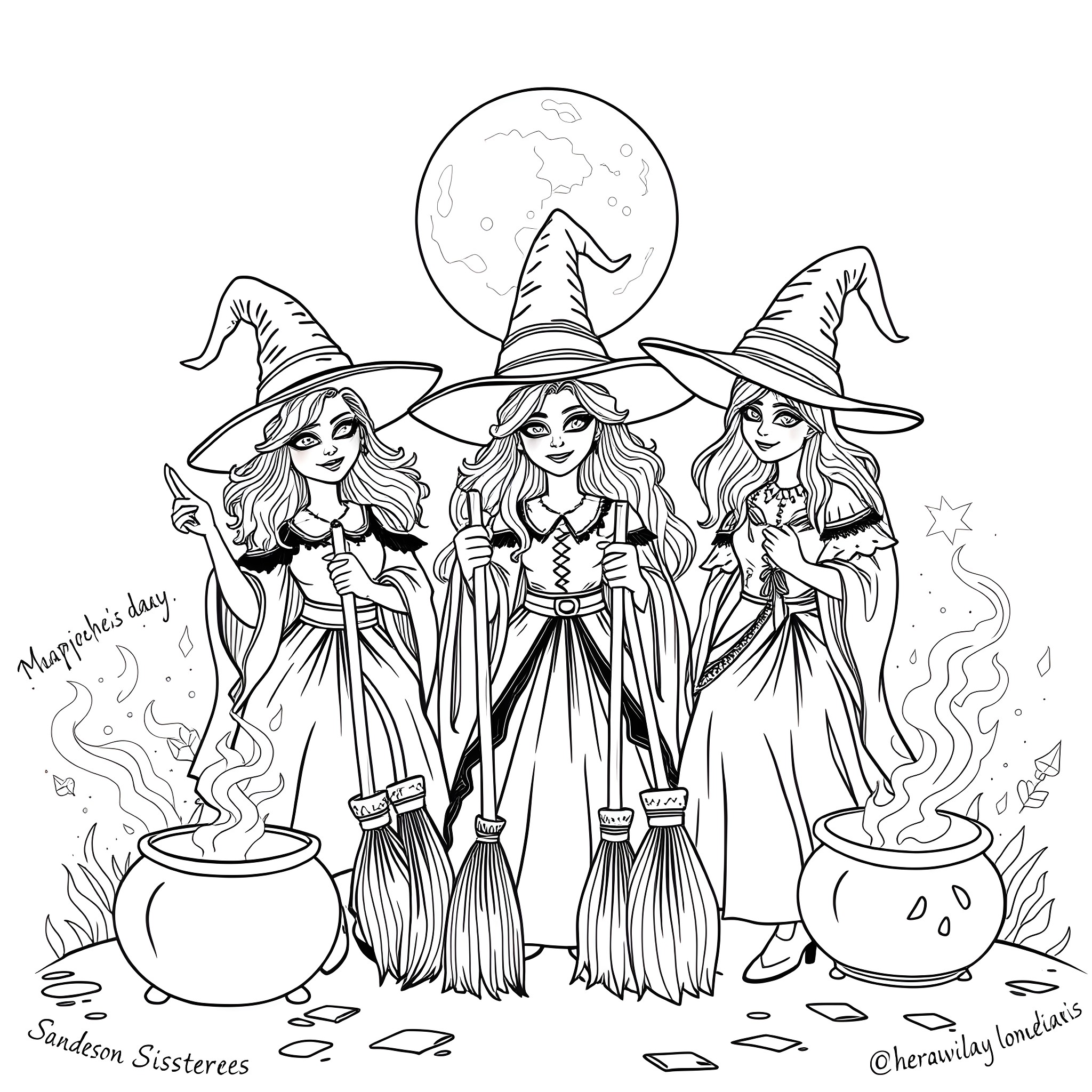 Sanderson Sisters in Witchy Attire and Poses Coloring Page (free black-and-white line drawing printable PDF for all, from beginners to advanced learners, including children, teens, adults, and seniors)