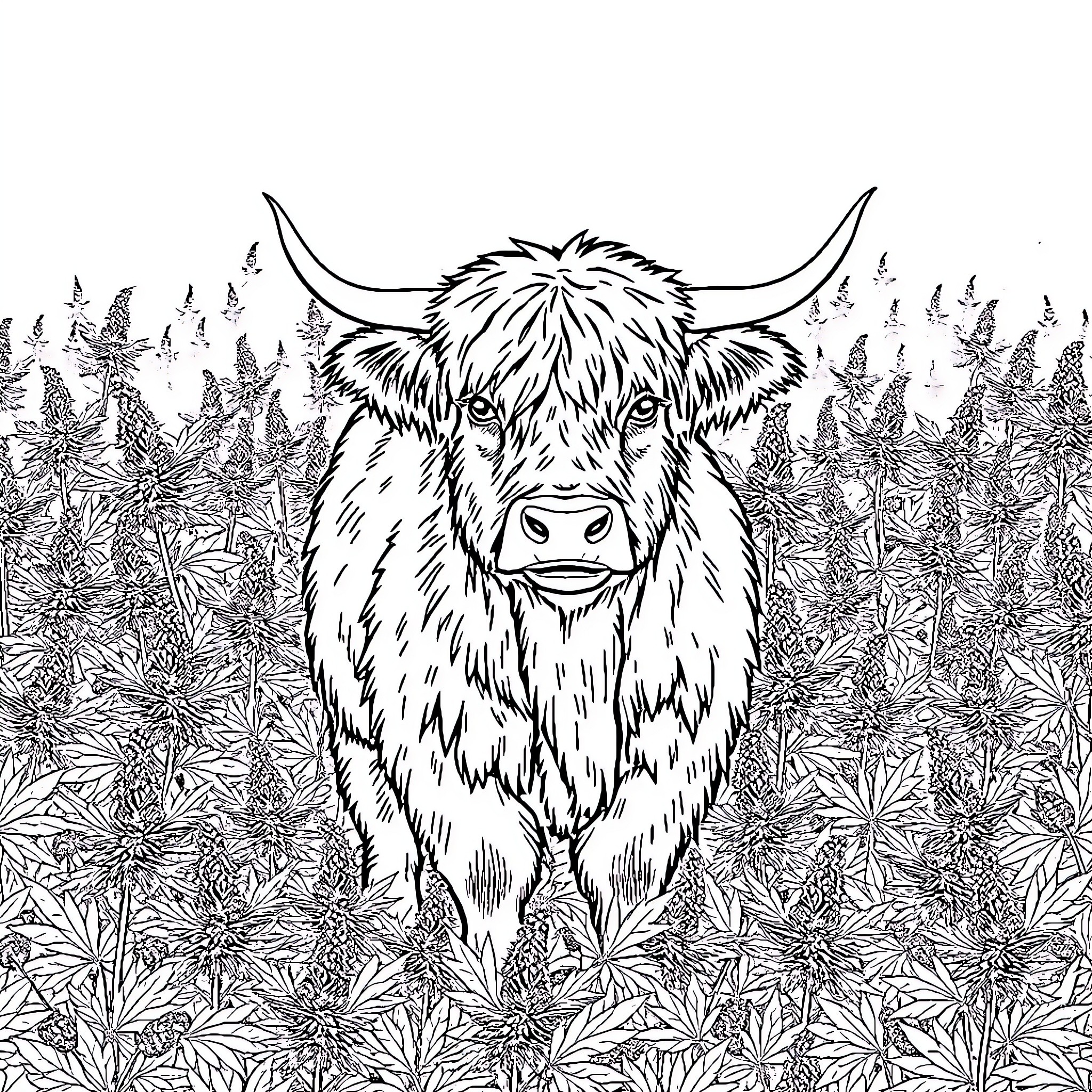 Highland Cow standing in a lush meadow Coloring Page (free black-and-white line drawing printable PDF for all, from beginners to advanced learners, including children, teens, adults, and seniors)