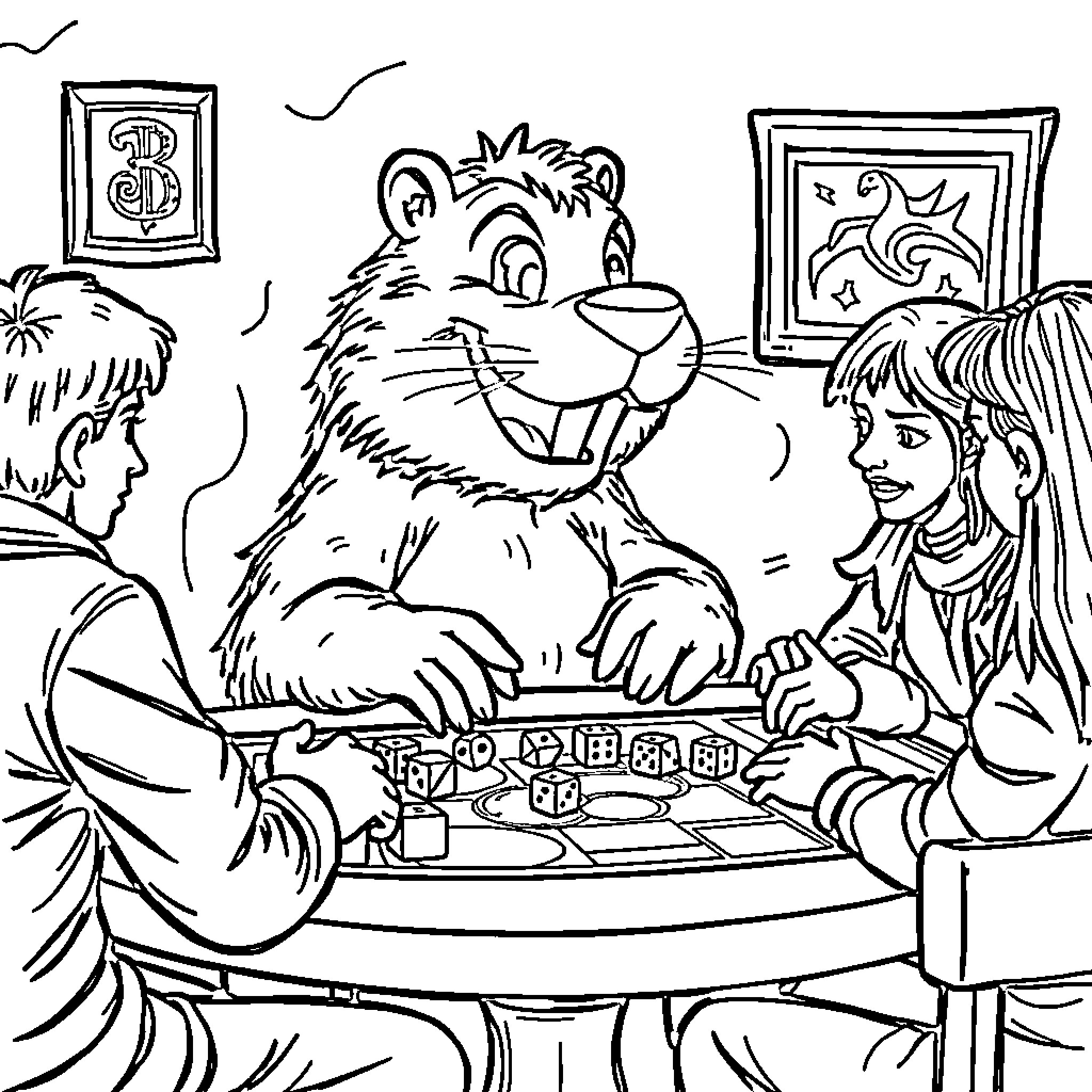 Beaver playing chess with children in the room Coloring Page (free black-and-white line drawing printable PDF for all, from beginners to advanced learners, including children, teens, adults, and seniors)