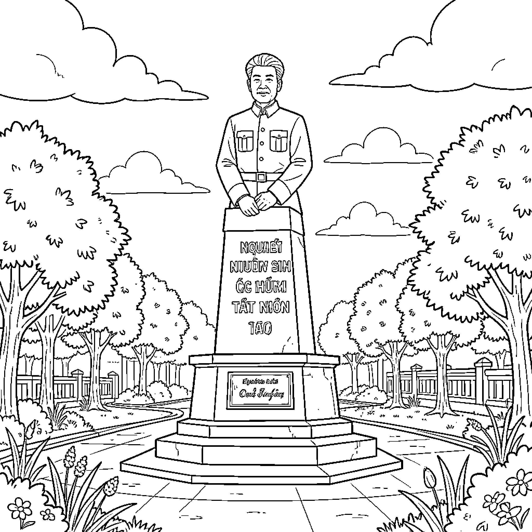 Nguyễn Sinh Sắc statue standing in a peaceful garden Coloring Page (free black-and-white line drawing printable PDF for all, from beginners to advanced learners, including children, teens, adults, and seniors)