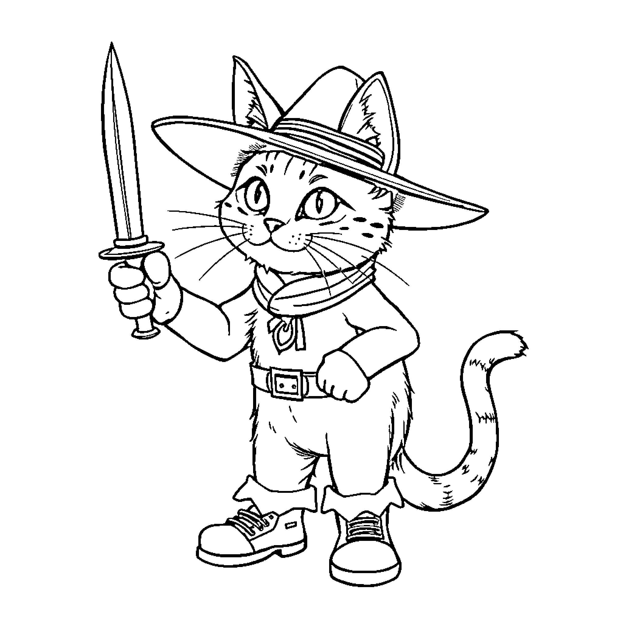Cat with Boots Holding a Sword Coloring Page (free black-and-white line drawing printable PDF for all, from beginners to advanced learners, including children, teens, adults, and seniors)