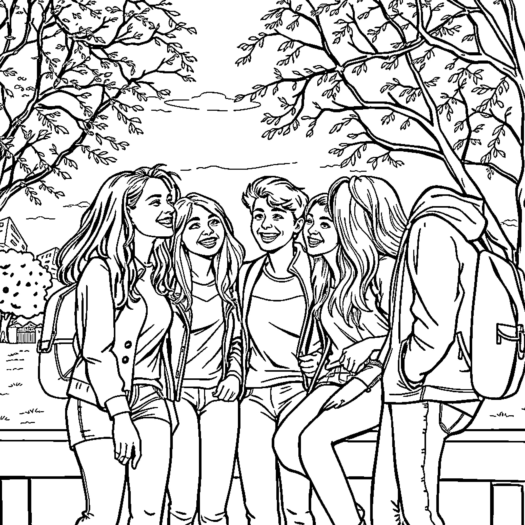 Teen friends enjoying time together in nature Coloring Page (free black-and-white line drawing printable PDF for all, from beginners to advanced learners, including children, teens, adults, and seniors)