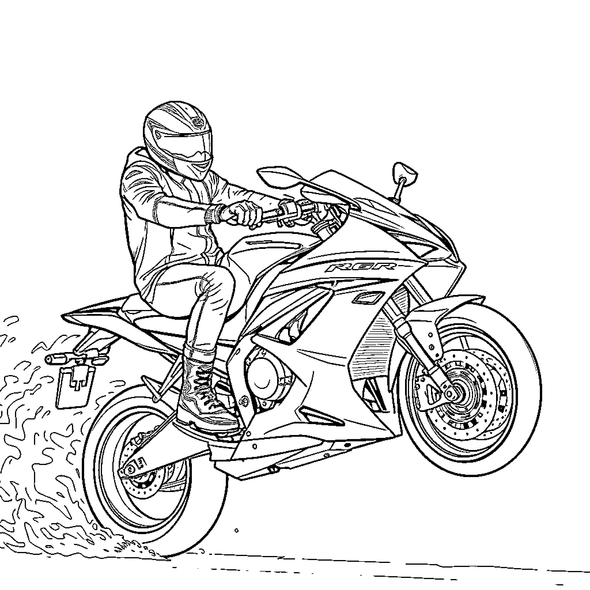 Person riding a high-performance motorcycle Coloring Page (free black-and-white line drawing printable PDF for all, from beginners to advanced learners, including children, teens, adults, and seniors)