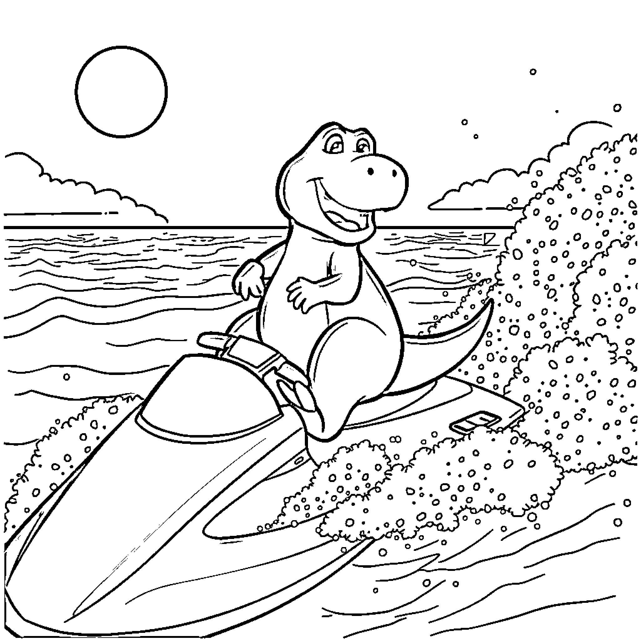 Barney enjoying a fun water ride Coloring Page (free black-and-white line drawing printable PDF for all, from beginners to advanced learners, including children, teens, adults, and seniors)
