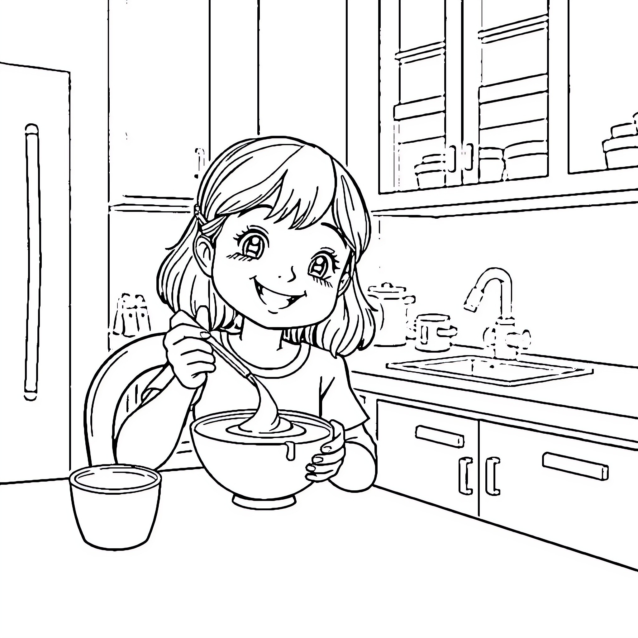 Girl happily baking in the kitchen Coloring Page (free black-and-white line drawing printable PDF for all, from beginners to advanced learners, including children, teens, adults, and seniors)