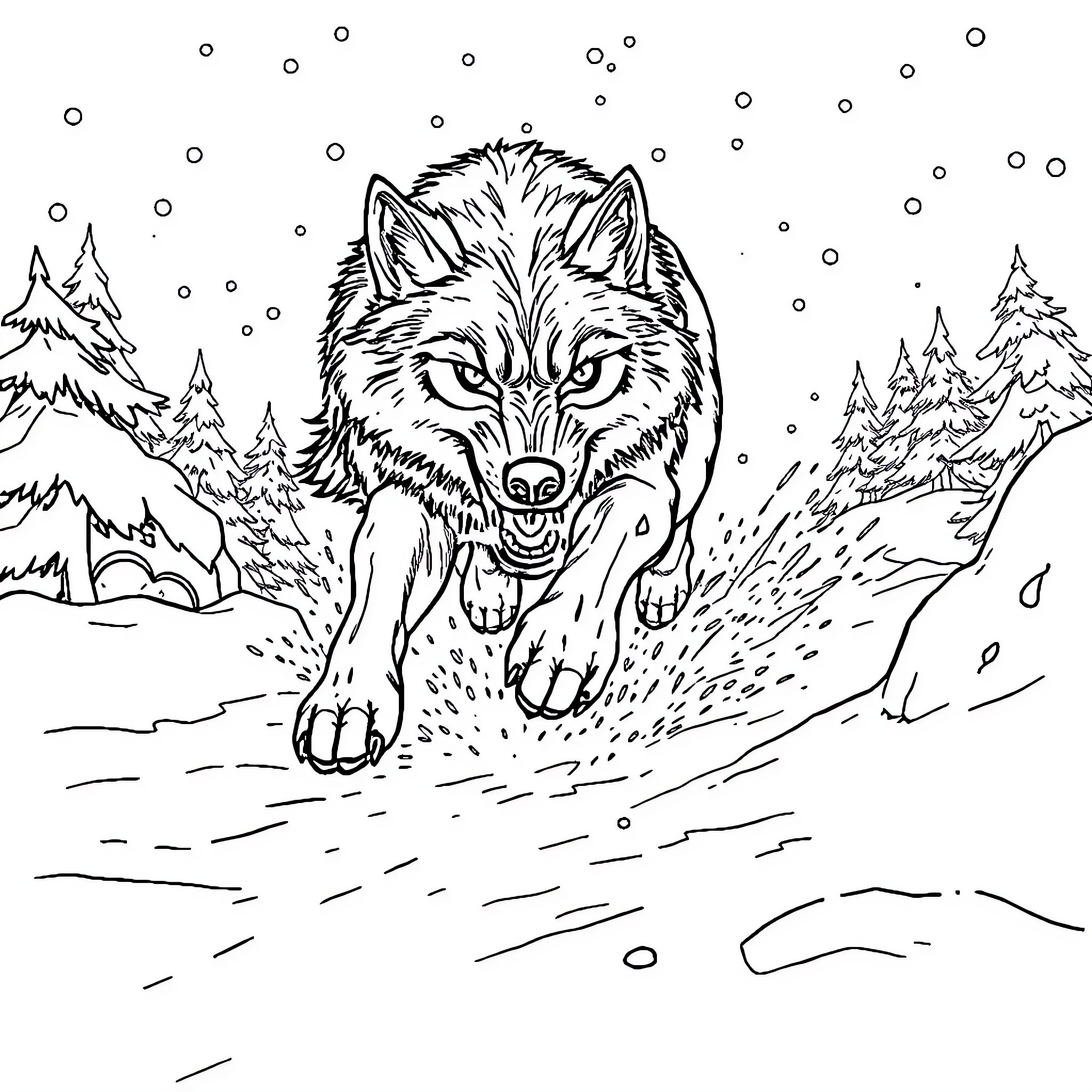 Wolf prowling in snowy forest Coloring Page (free black-and-white line drawing printable PDF for all, from beginners to advanced learners, including children, teens, adults, and seniors)