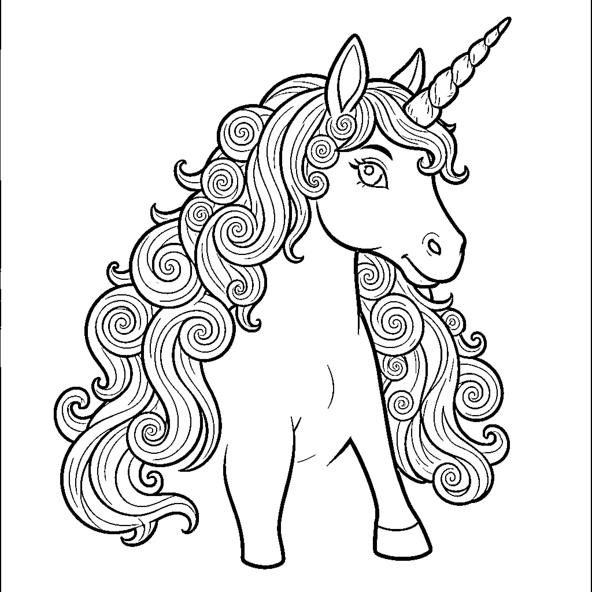 Unicorn with Whimsical Curly Mane Coloring Page (free black-and-white line drawing printable PDF for all, from beginners to advanced learners, including children, teens, adults, and seniors)