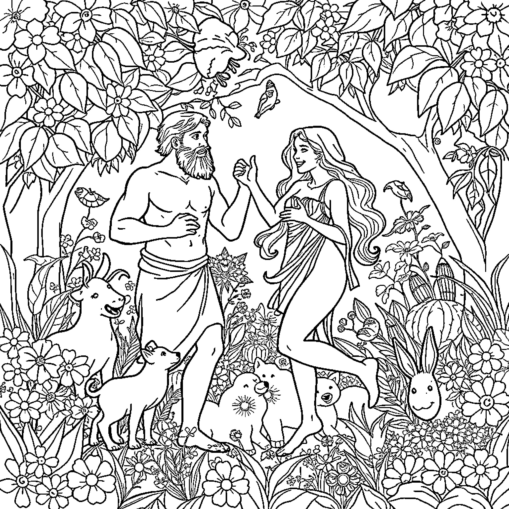 Adam and Eve in the Garden of Eden Coloring Page (free black-and-white line drawing printable PDF for all, from beginners to advanced learners, including children, teens, adults, and seniors)