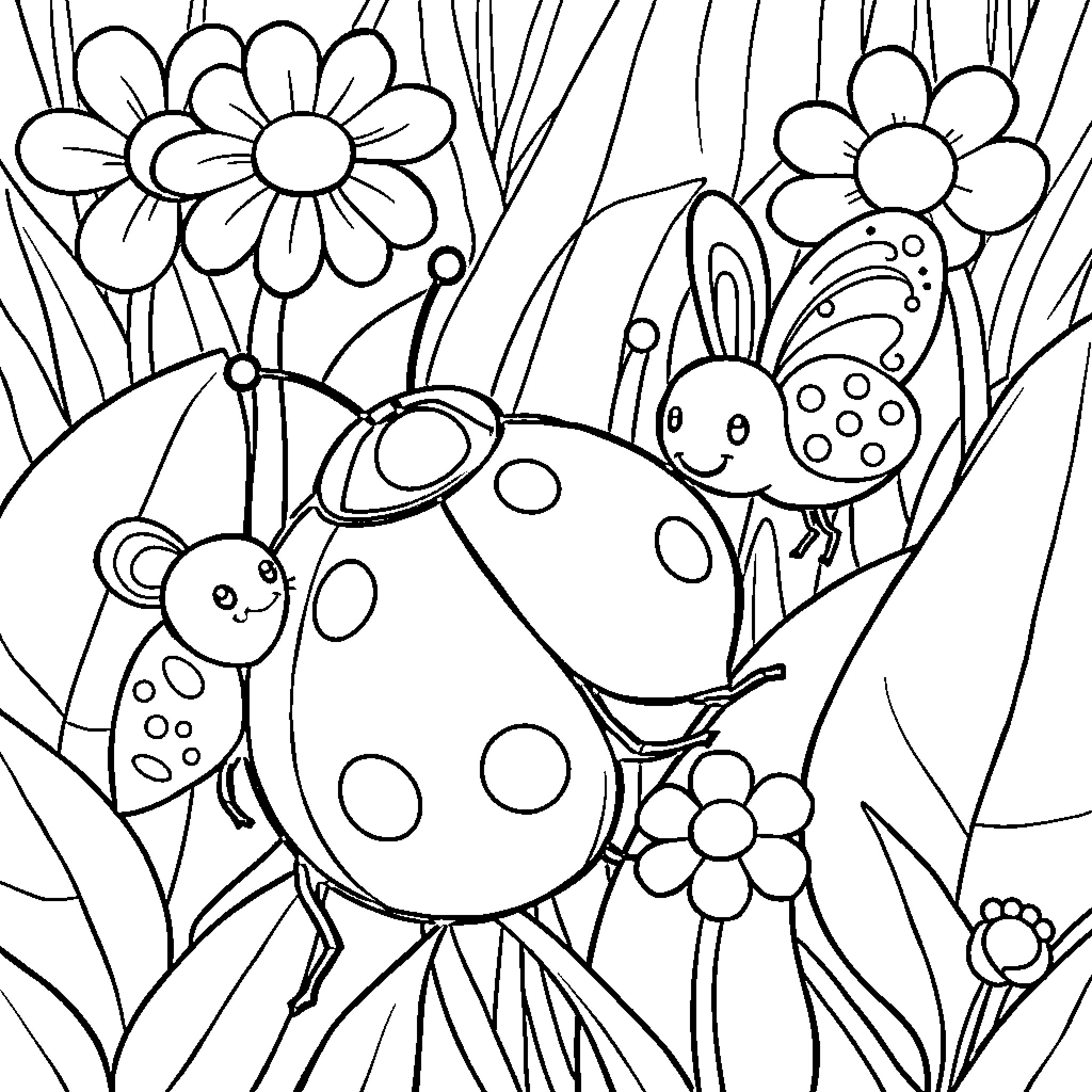 Ladybug enjoying a garden with friends Coloring Page (free black-and-white line drawing printable PDF for all, from beginners to advanced learners, including children, teens, adults, and seniors)