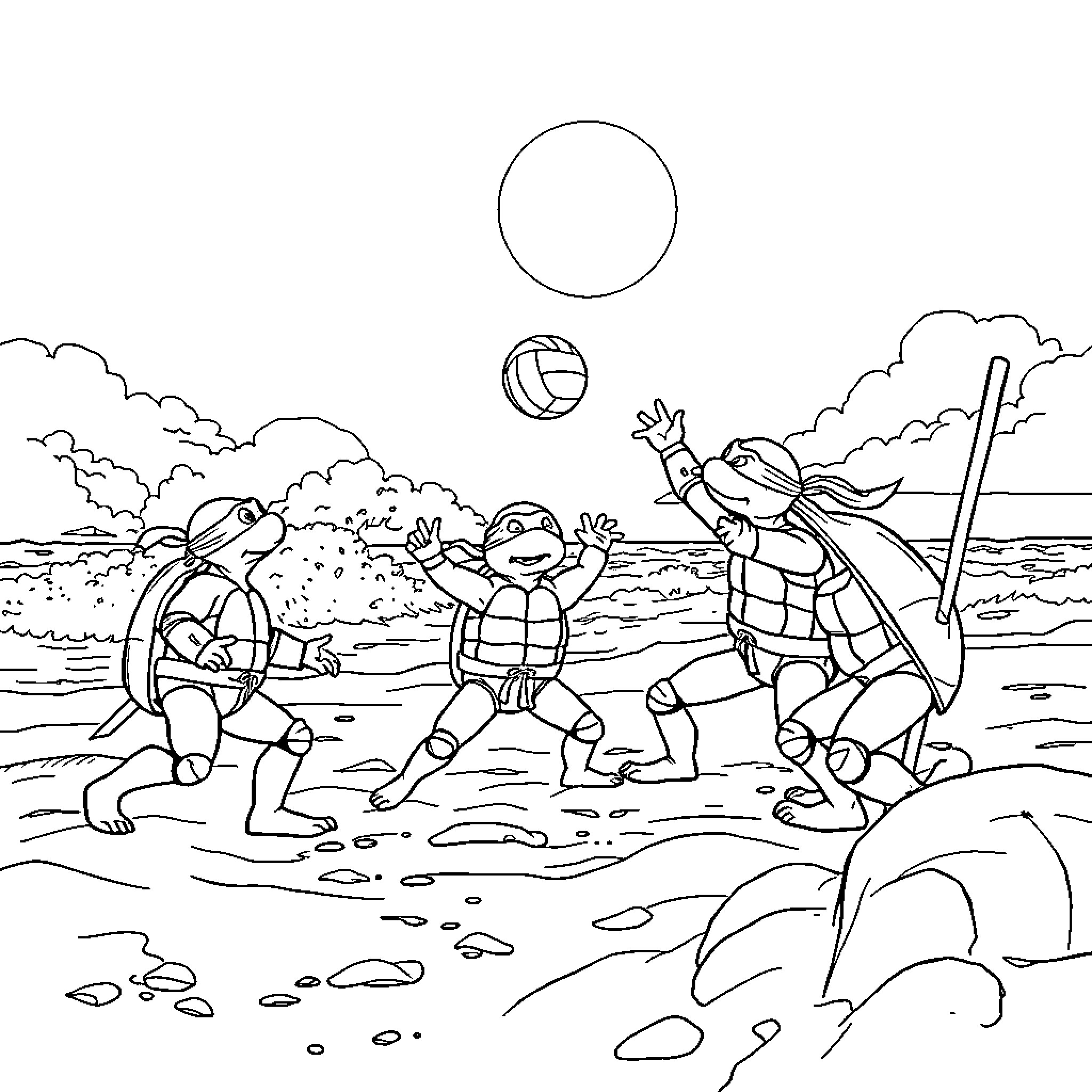 Teenage Mutant Ninja Turtles playing beach volleyball Coloring Page (free black-and-white line drawing printable PDF for all, from beginners to advanced learners, including children, teens, adults, and seniors)