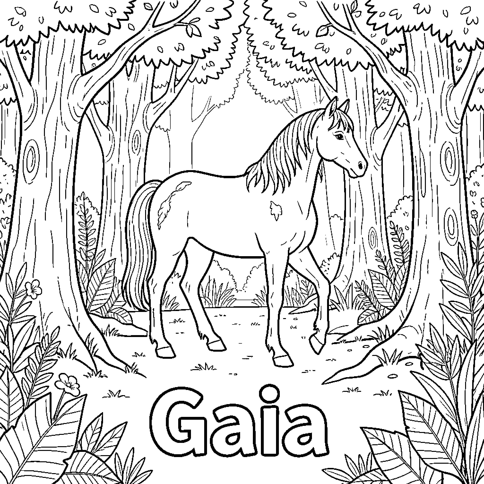Horse standing peacefully in a lush forest Coloring Page (free black-and-white line drawing printable PDF for all, from beginners to advanced learners, including children, teens, adults, and seniors)