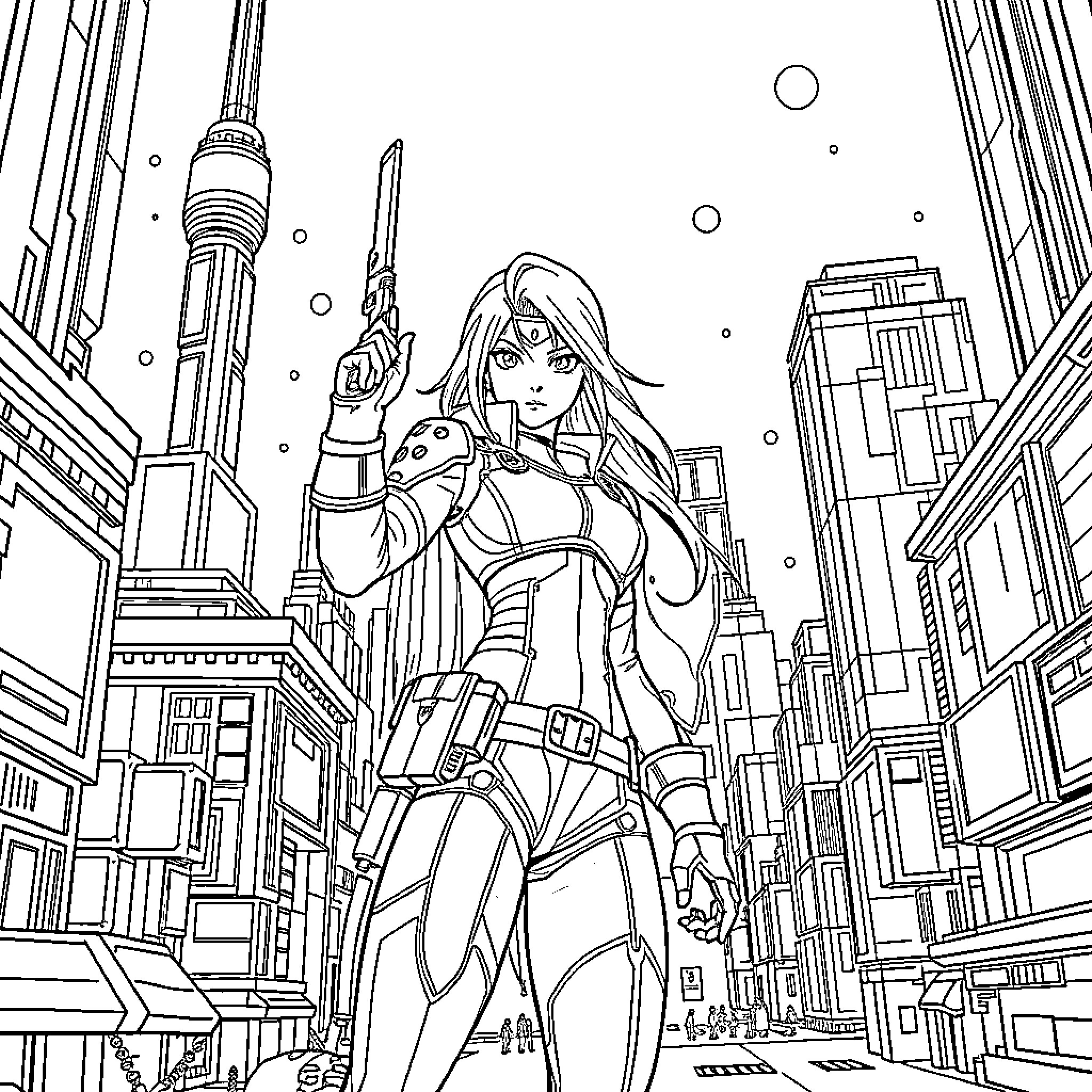 Nikke: Warrior wielding futuristic weapon in cyber city Coloring Page (free black-and-white line drawing printable PDF for all, from beginners to advanced learners, including children, teens, adults, and seniors)
