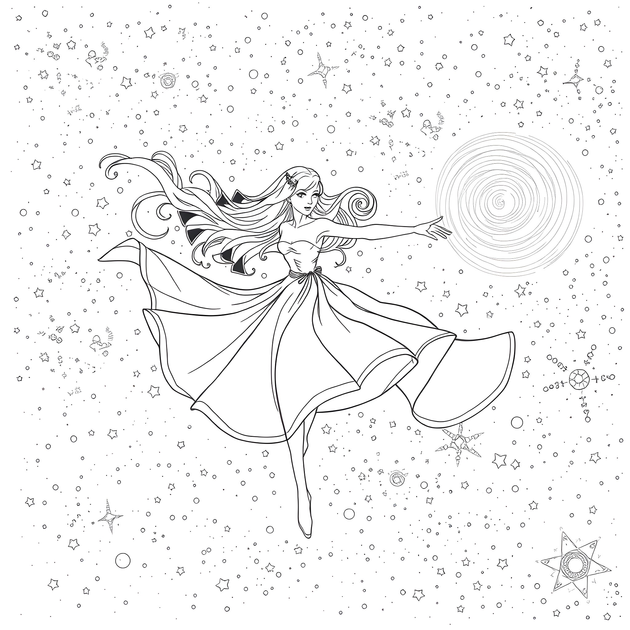 Cappuccino Assassino: Magical Dancer in the Starry Night Coloring Page (free black-and-white line drawing printable PDF for all, from beginners to advanced learners, including children, teens, adults, and seniors)