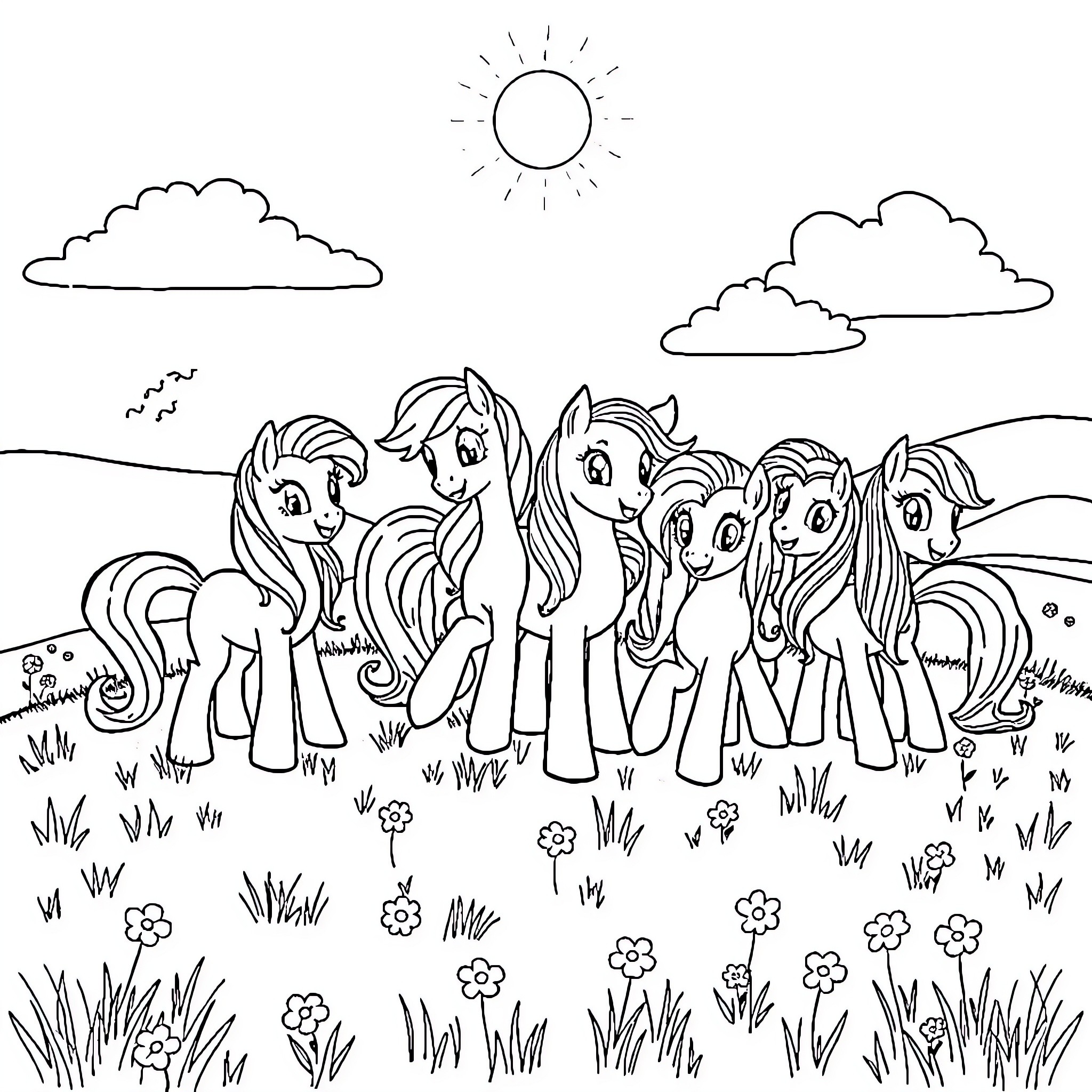 My Little Pony friends explore the scenic outdoors Coloring Page (free black-and-white line drawing printable PDF for all, from beginners to advanced learners, including children, teens, adults, and seniors)
