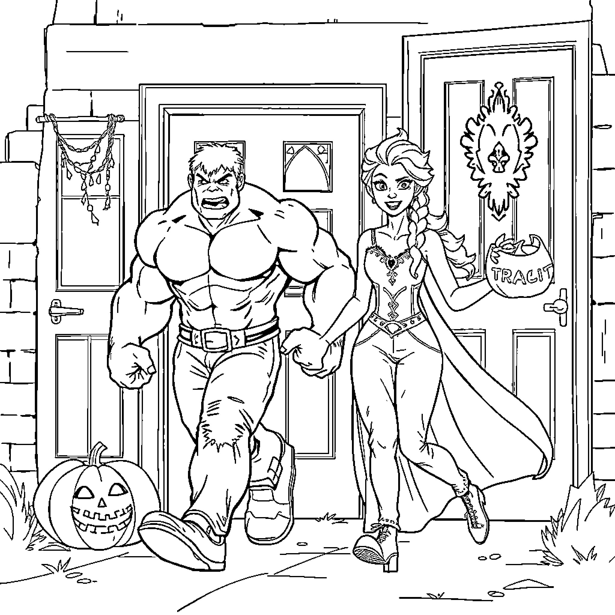 Hulk and female companion encounter Halloween decor Coloring Page (free black-and-white line drawing printable PDF for all, from beginners to advanced learners, including children, teens, adults, and seniors)